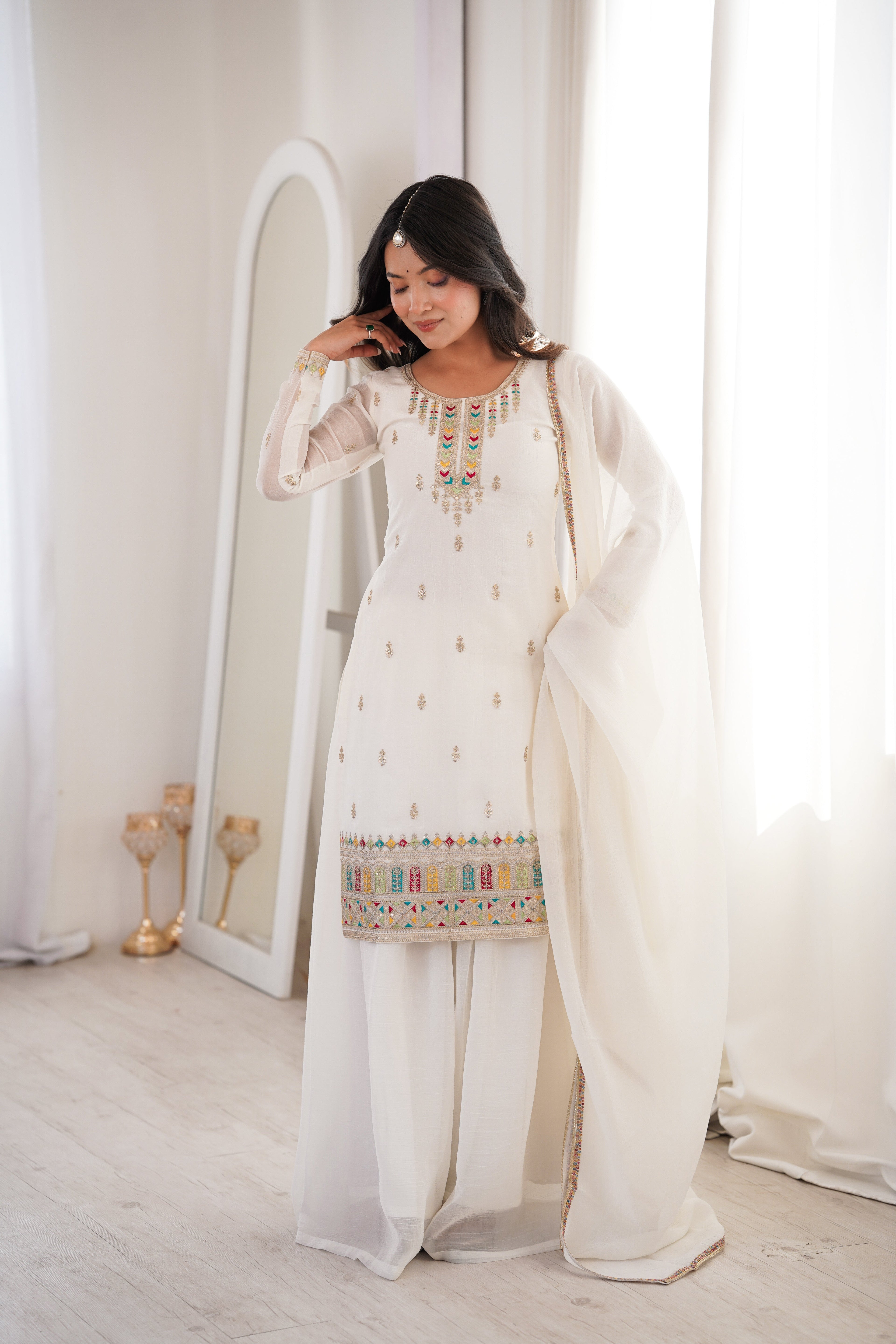White Sharara Set With Embroidery Work