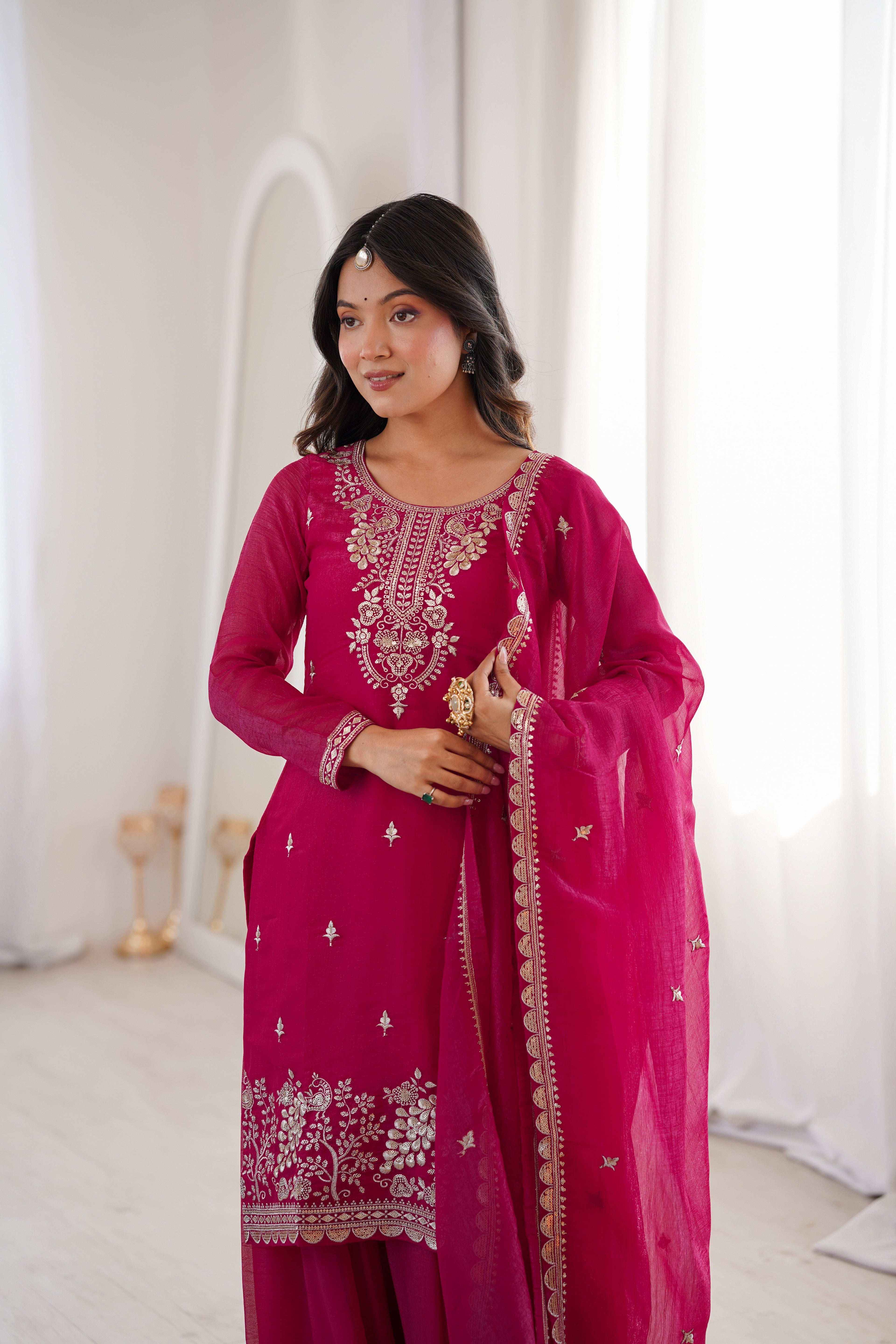 Pink Rangoli Silk Salwar Suit With Sequins Zari Embroidery Work with Heavy Dupatta