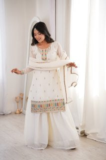 White Sharara Set With Embroidery Work