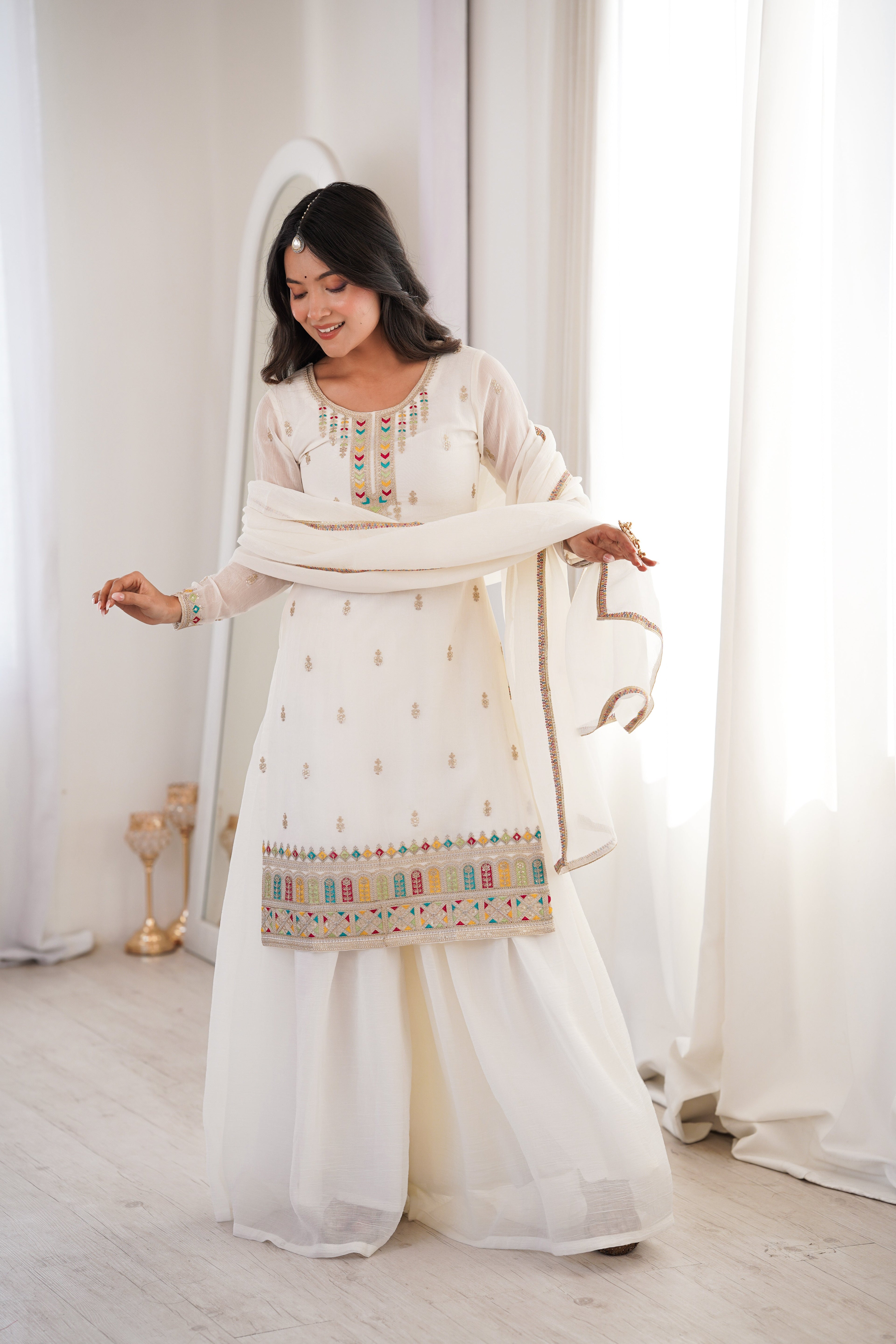 White Sharara Set With Embroidery Work