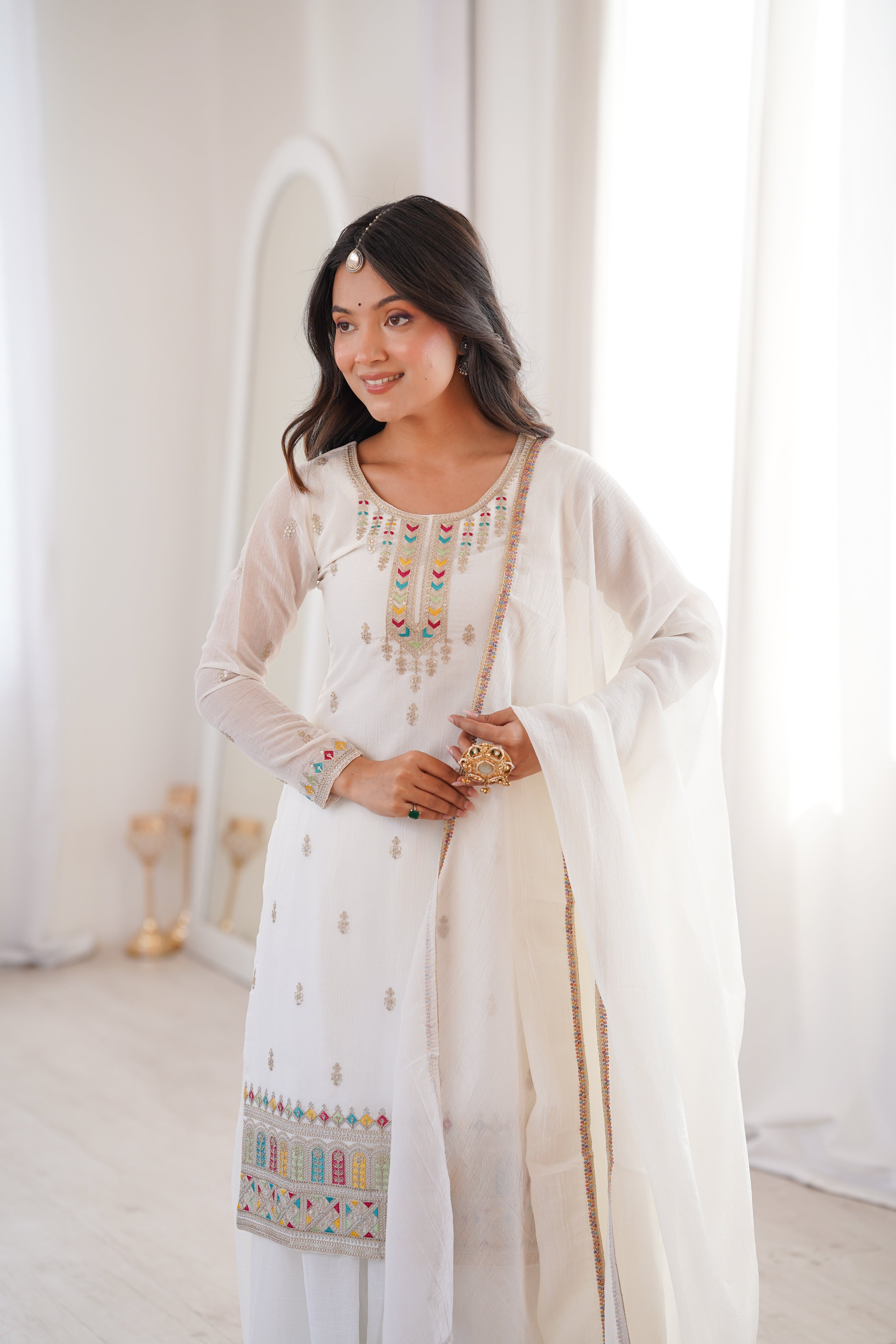 White Sharara Set With Embroidery Work