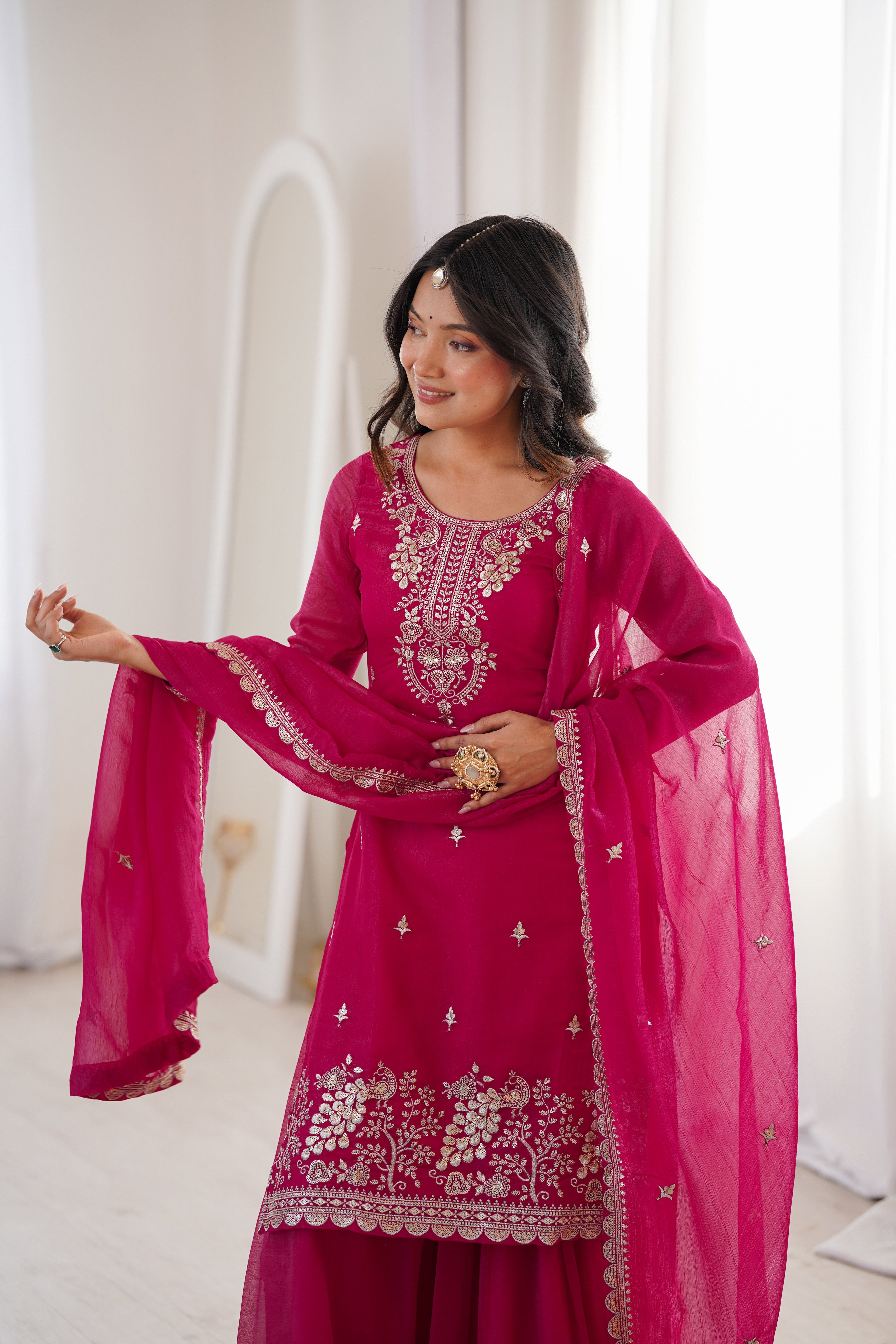 Pink Rangoli Silk Salwar Suit With Sequins Zari Embroidery Work with Heavy Dupatta
