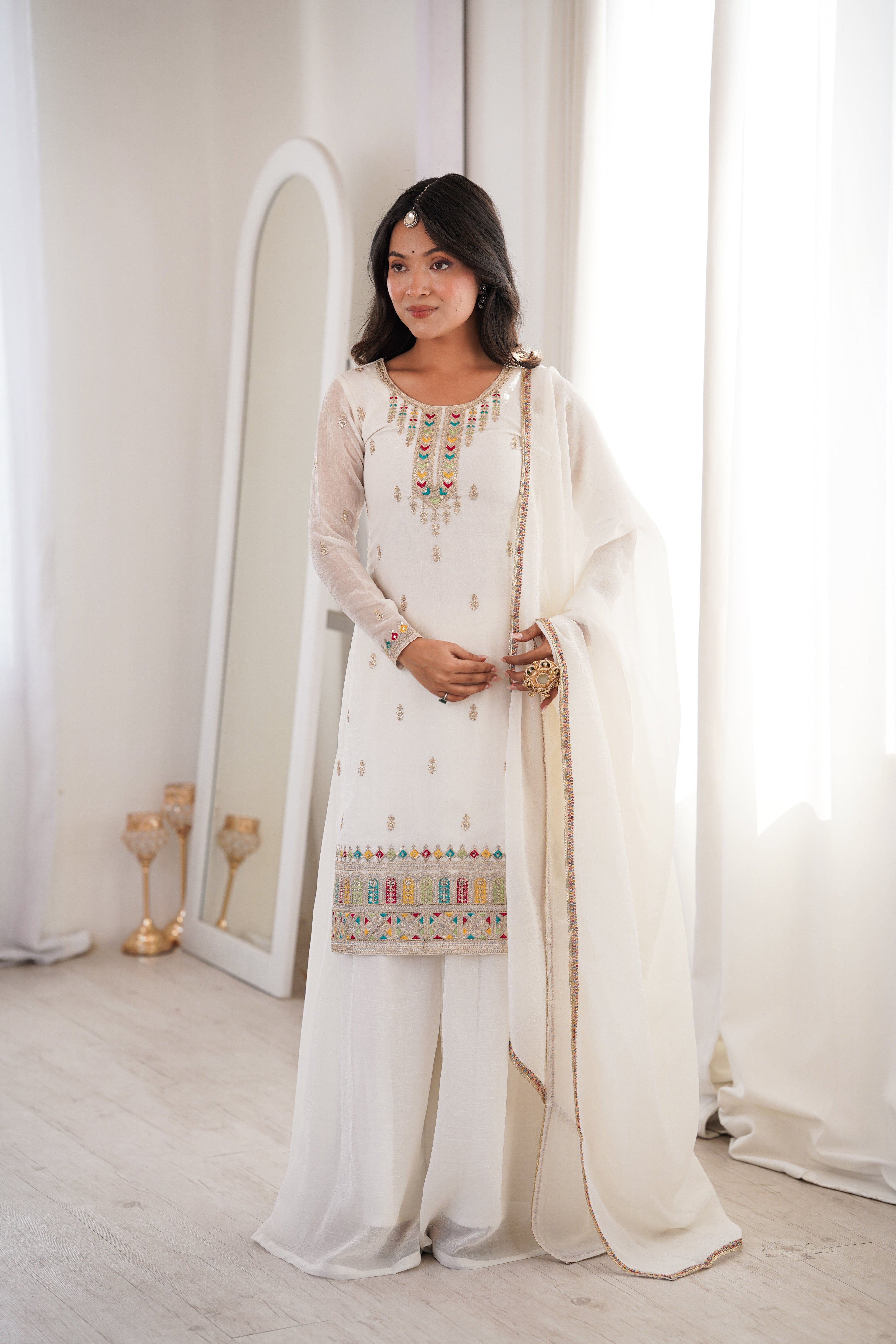 White Sharara Set With Embroidery Work