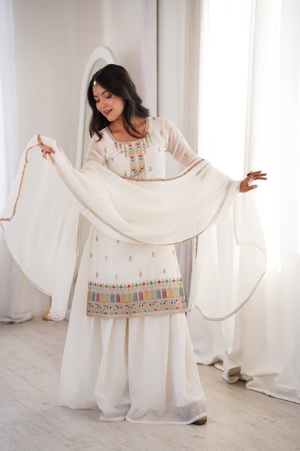 White Sharara Set With Embroidery Work
