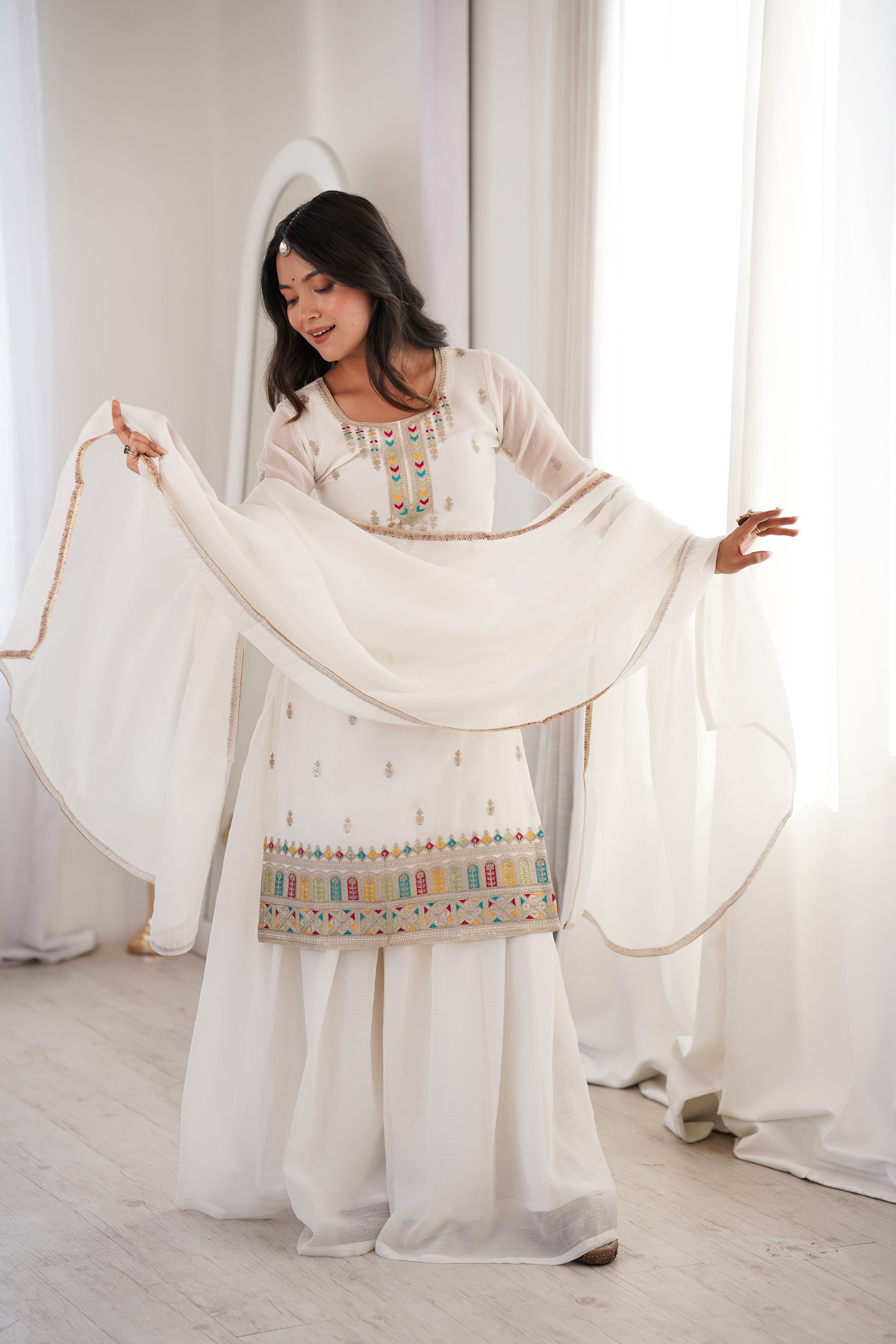 White Sharara Set With Embroidery Work