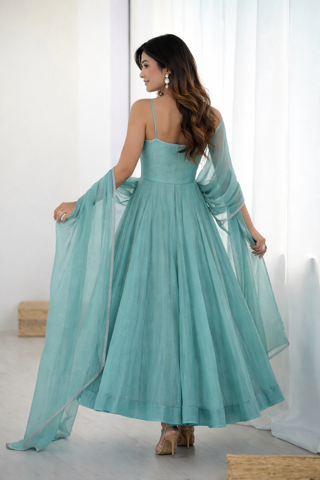 Sky Blue Crunchy Silk With Siroski Work Anarkali Gown And Dupatta