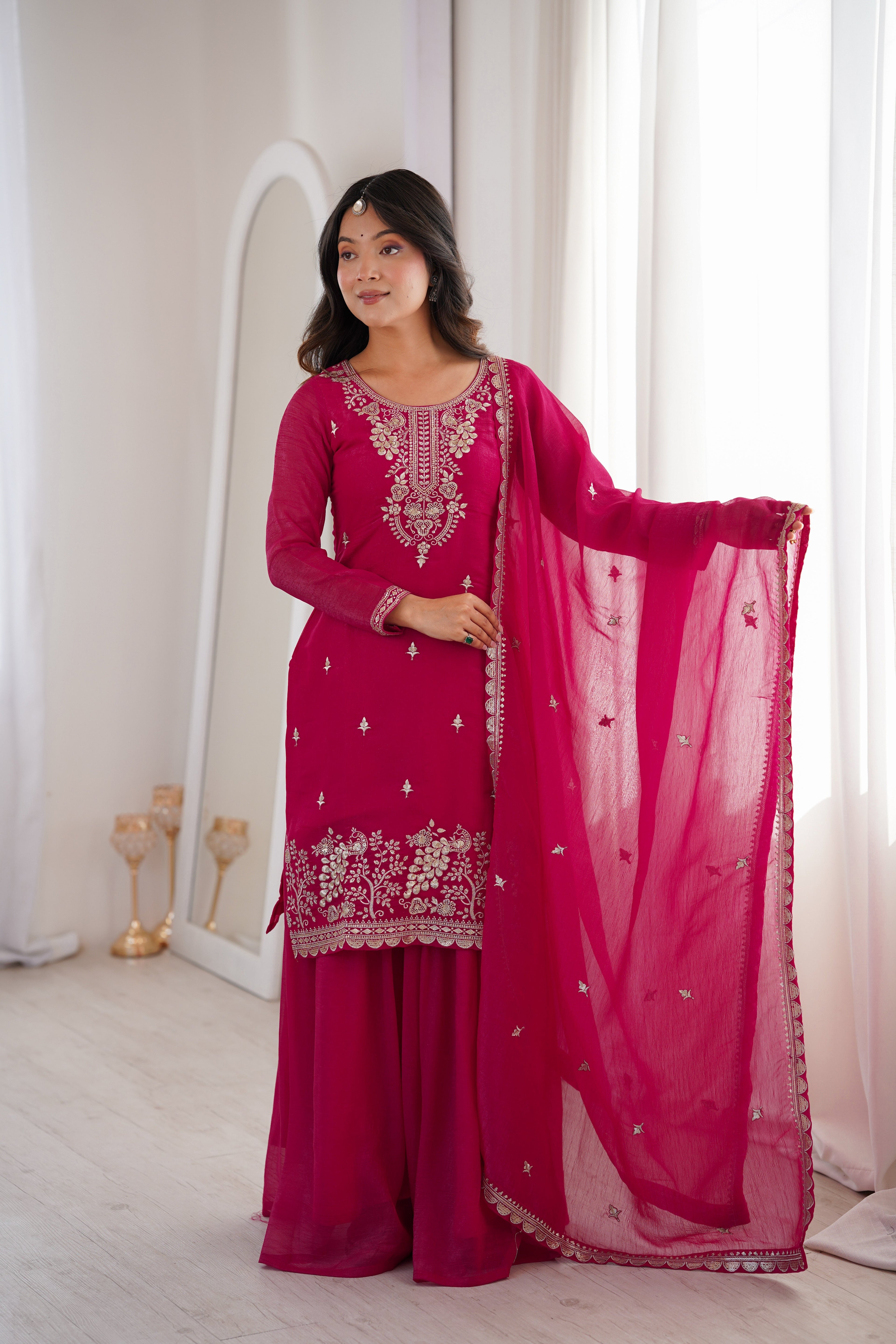 Pink Rangoli Silk Salwar Suit With Sequins Zari Embroidery Work with Heavy Dupatta