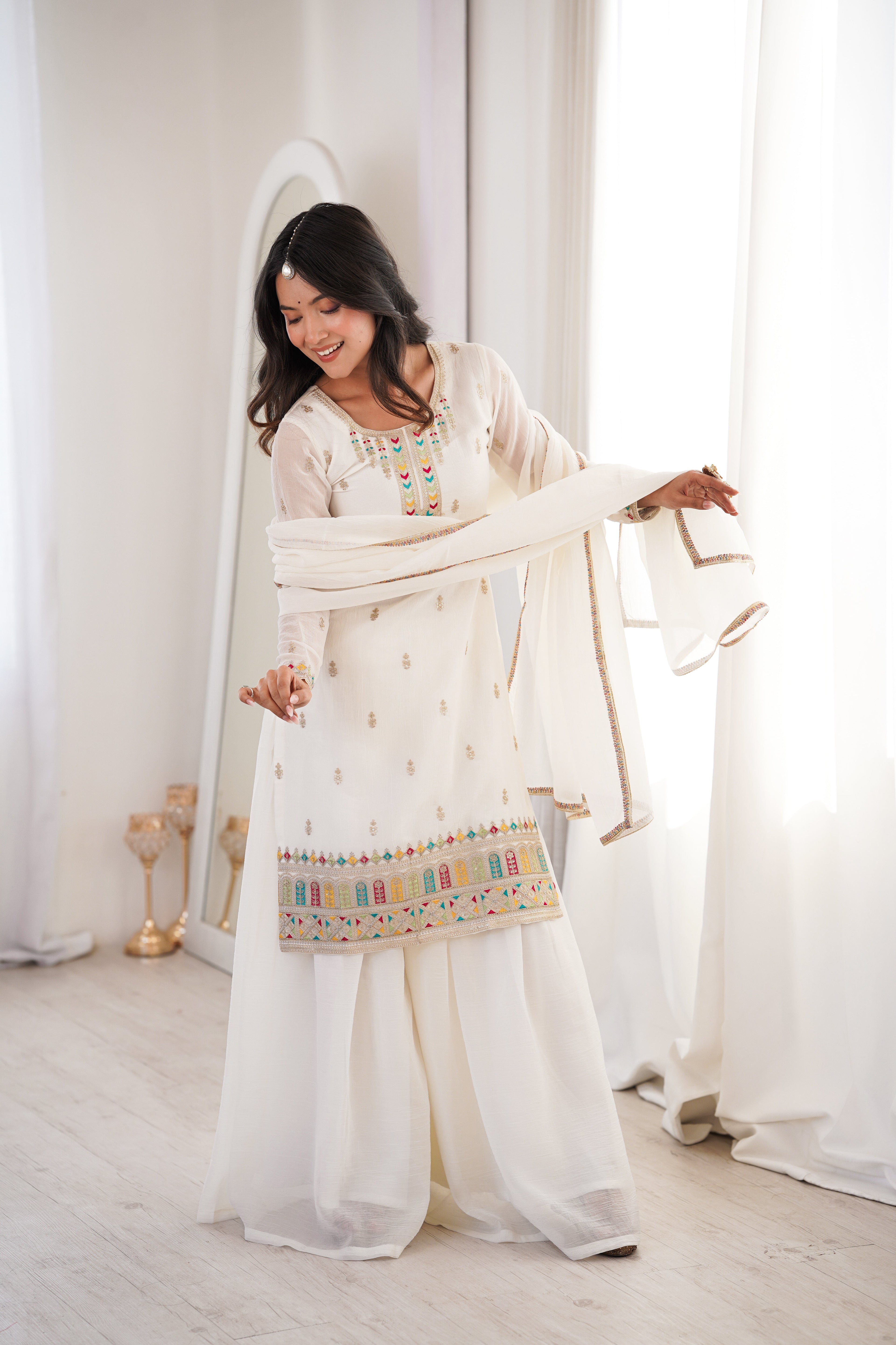 White Sharara Set With Embroidery Work