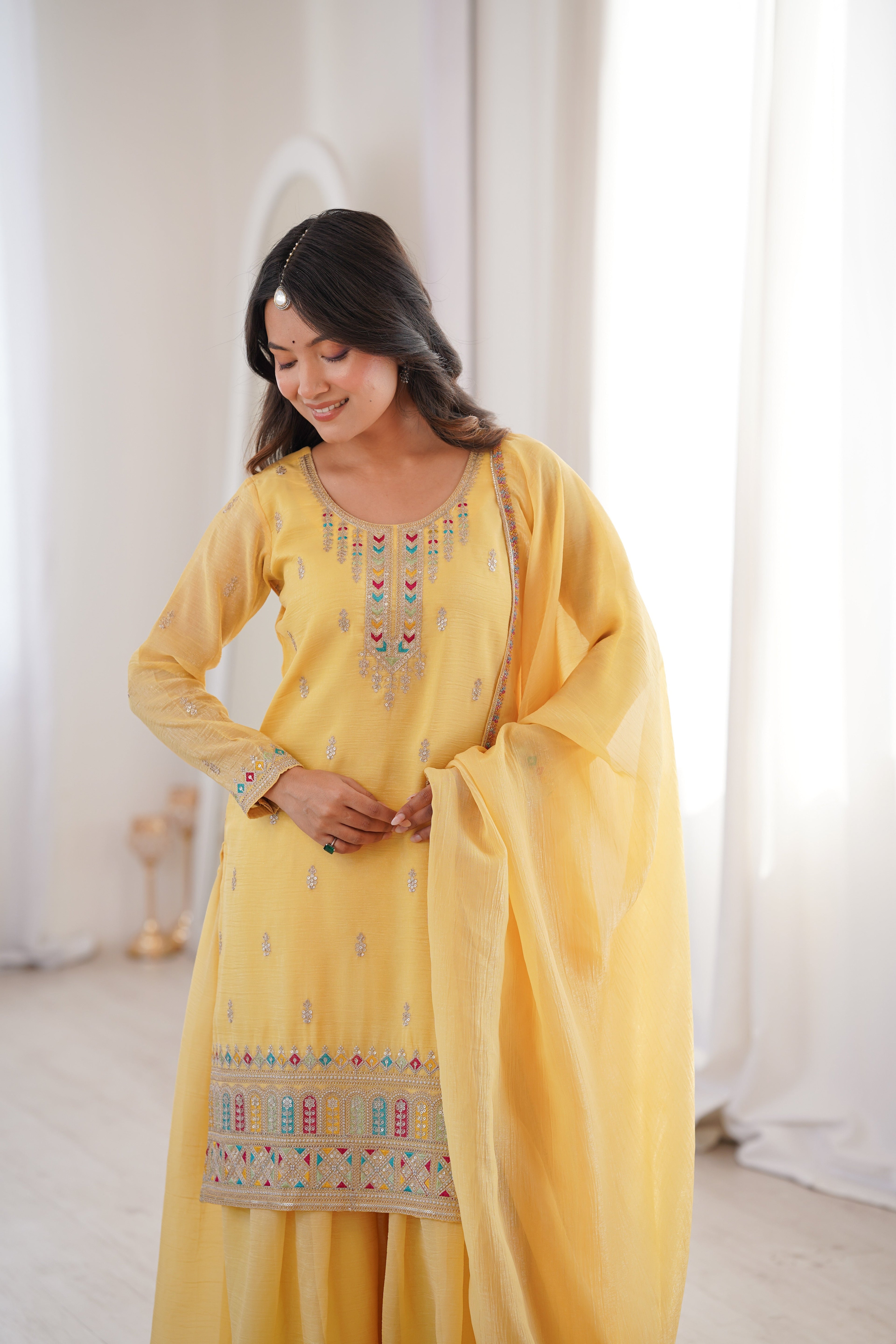 Yellow Sharara Set With Embroidery Work