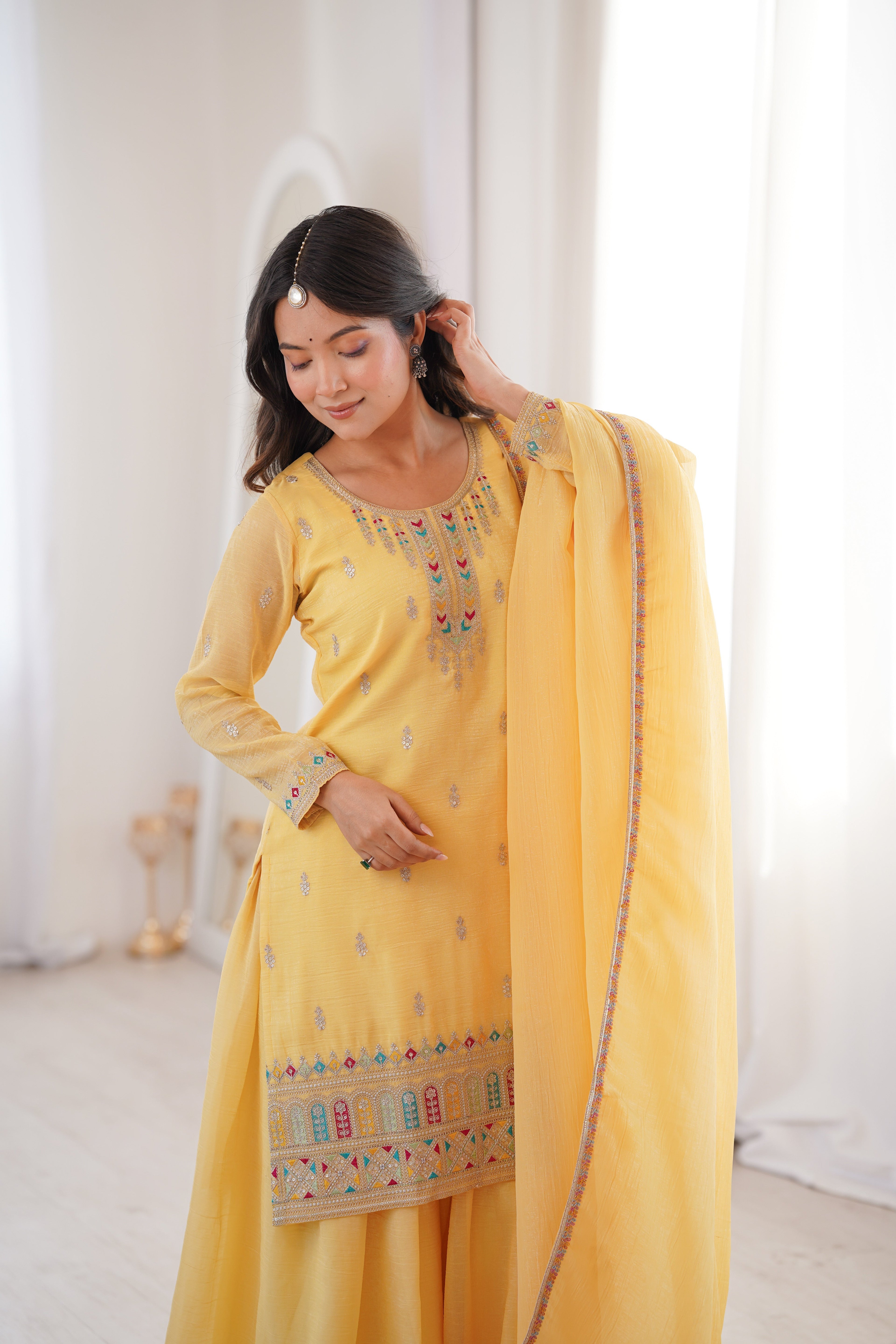 Yellow Sharara Set With Embroidery Work