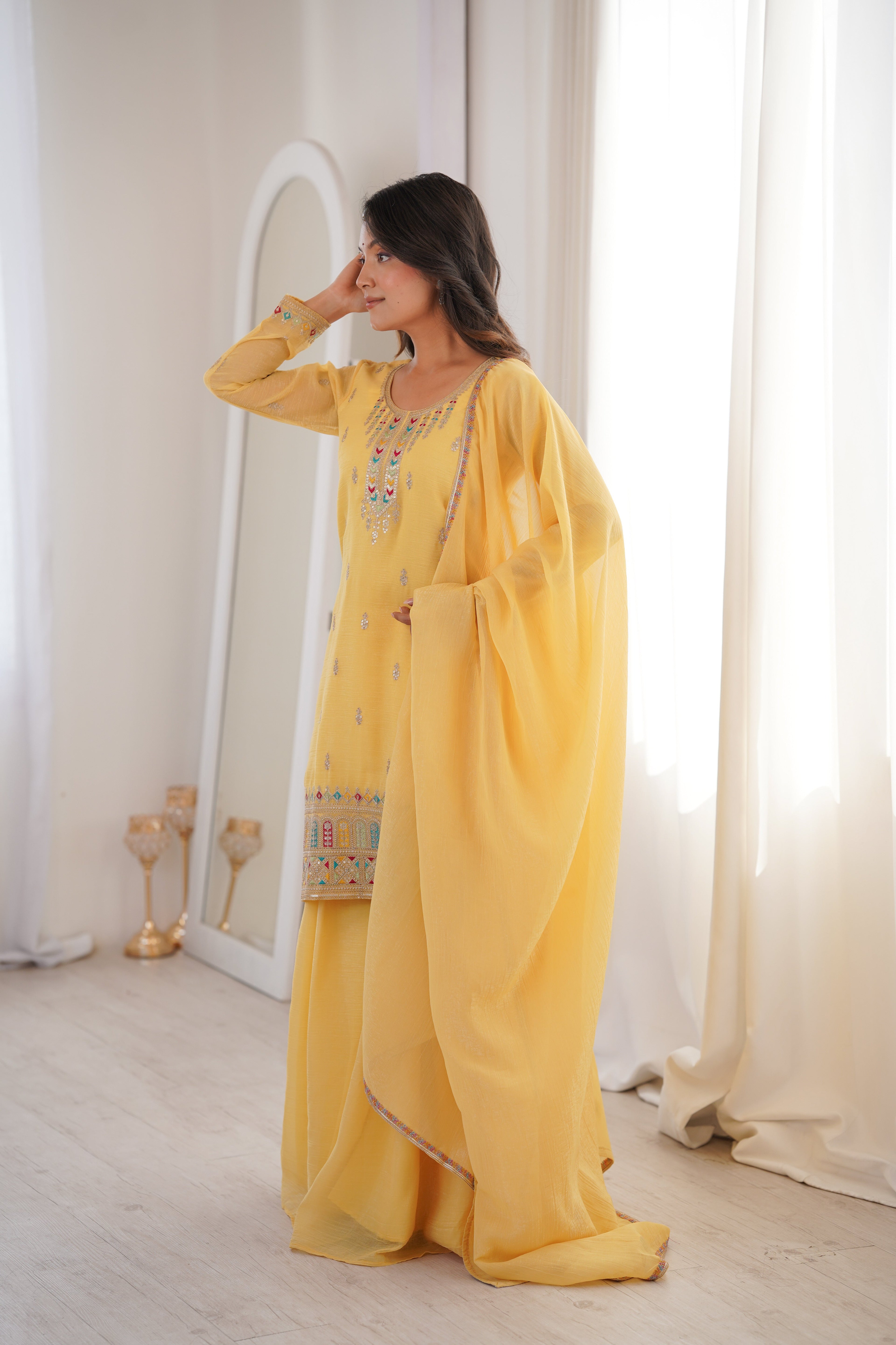 Yellow Sharara Set With Embroidery Work