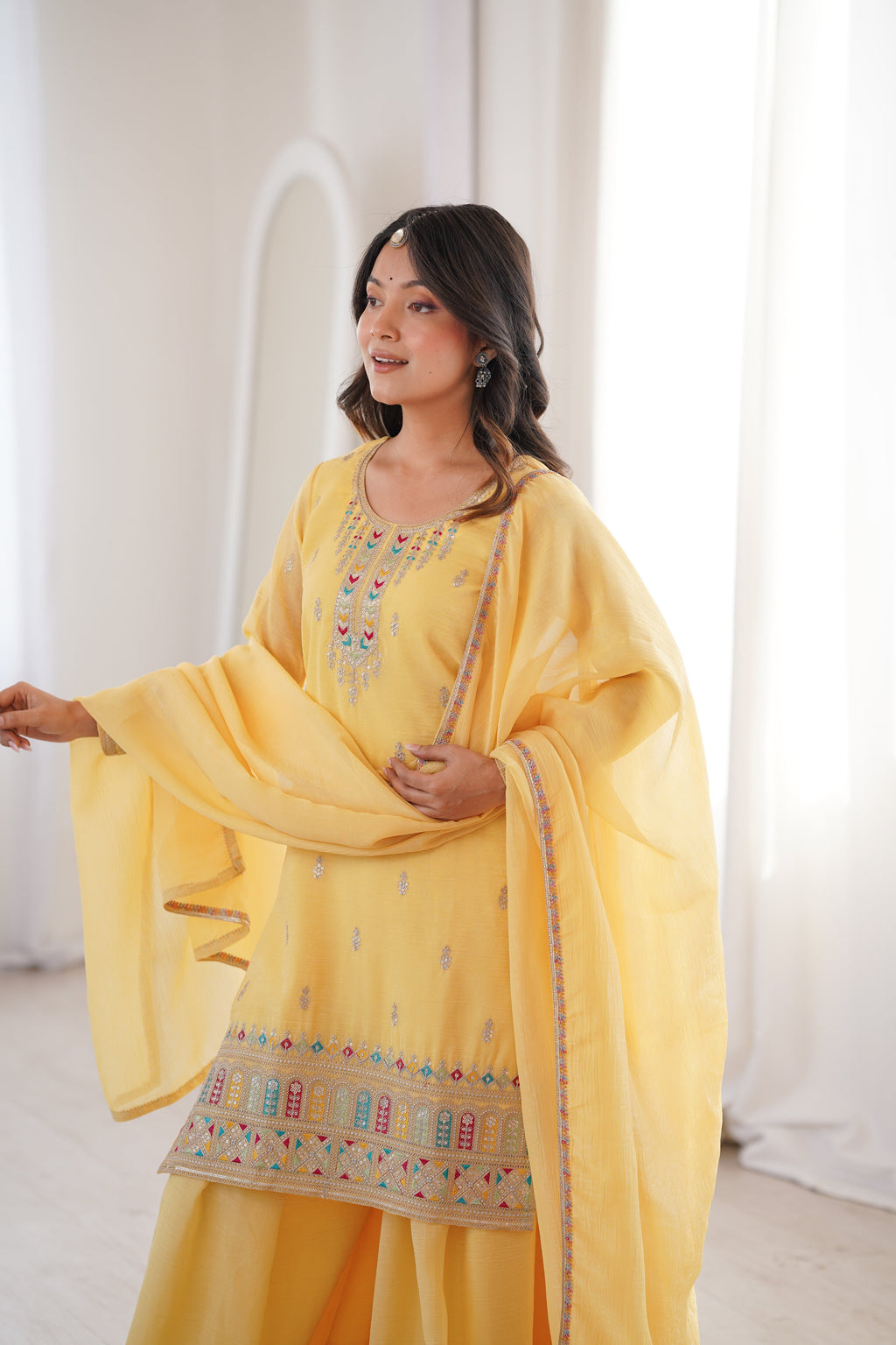 Yellow Sharara Set With Embroidery Work