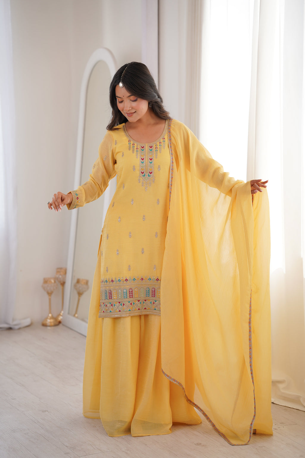 Yellow Sharara Set With Embroidery Work
