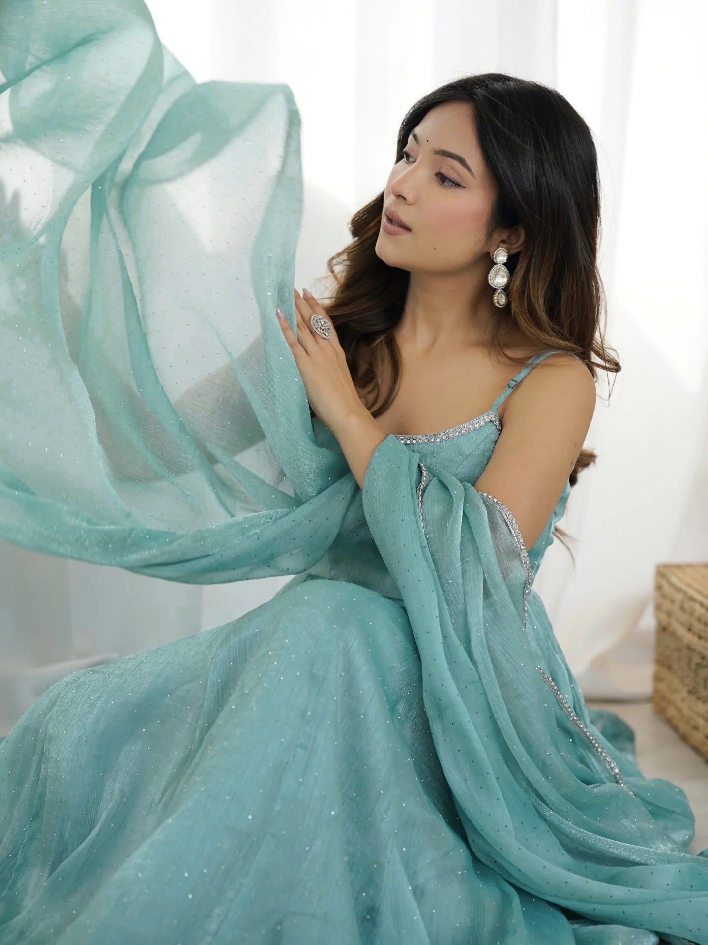 Sky Blue Crunchy Silk With Siroski Work Anarkali Gown And Dupatta