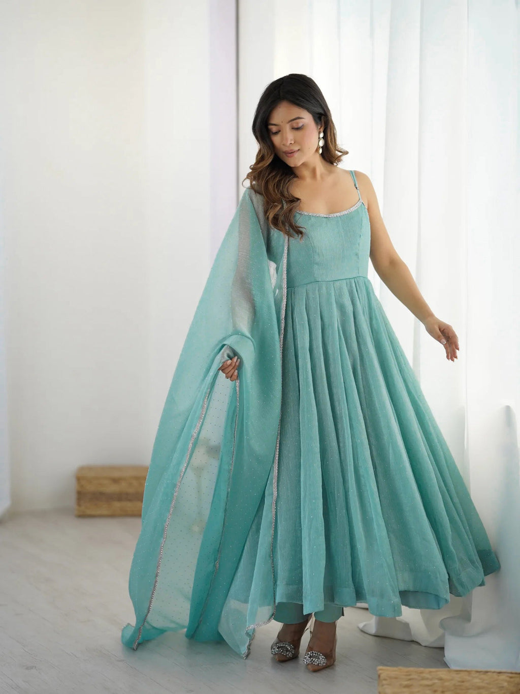 Sky Blue Crunchy Silk With Siroski Work Anarkali Gown And Dupatta