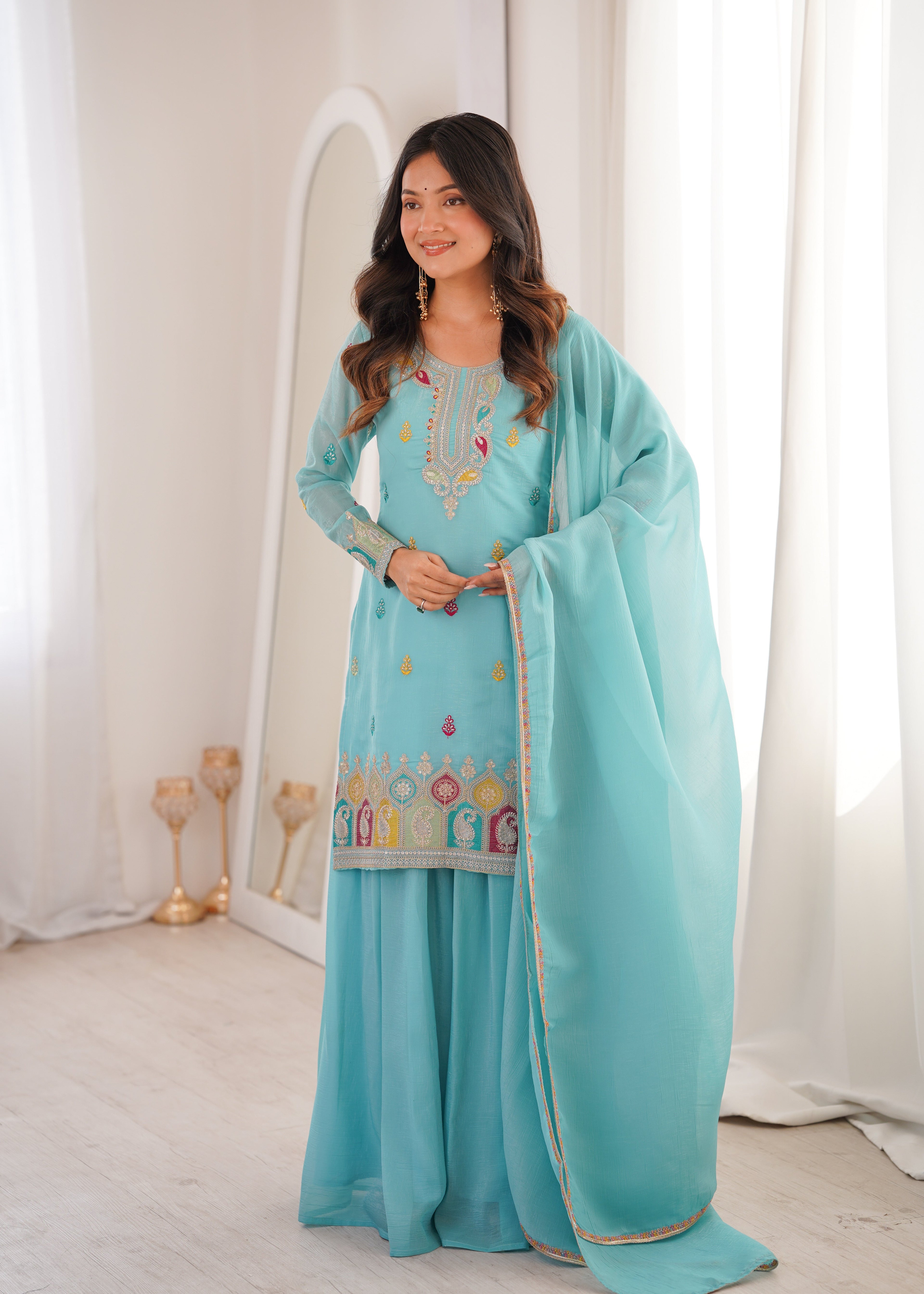 Sky Blue Sharara Set With Embroidery Work