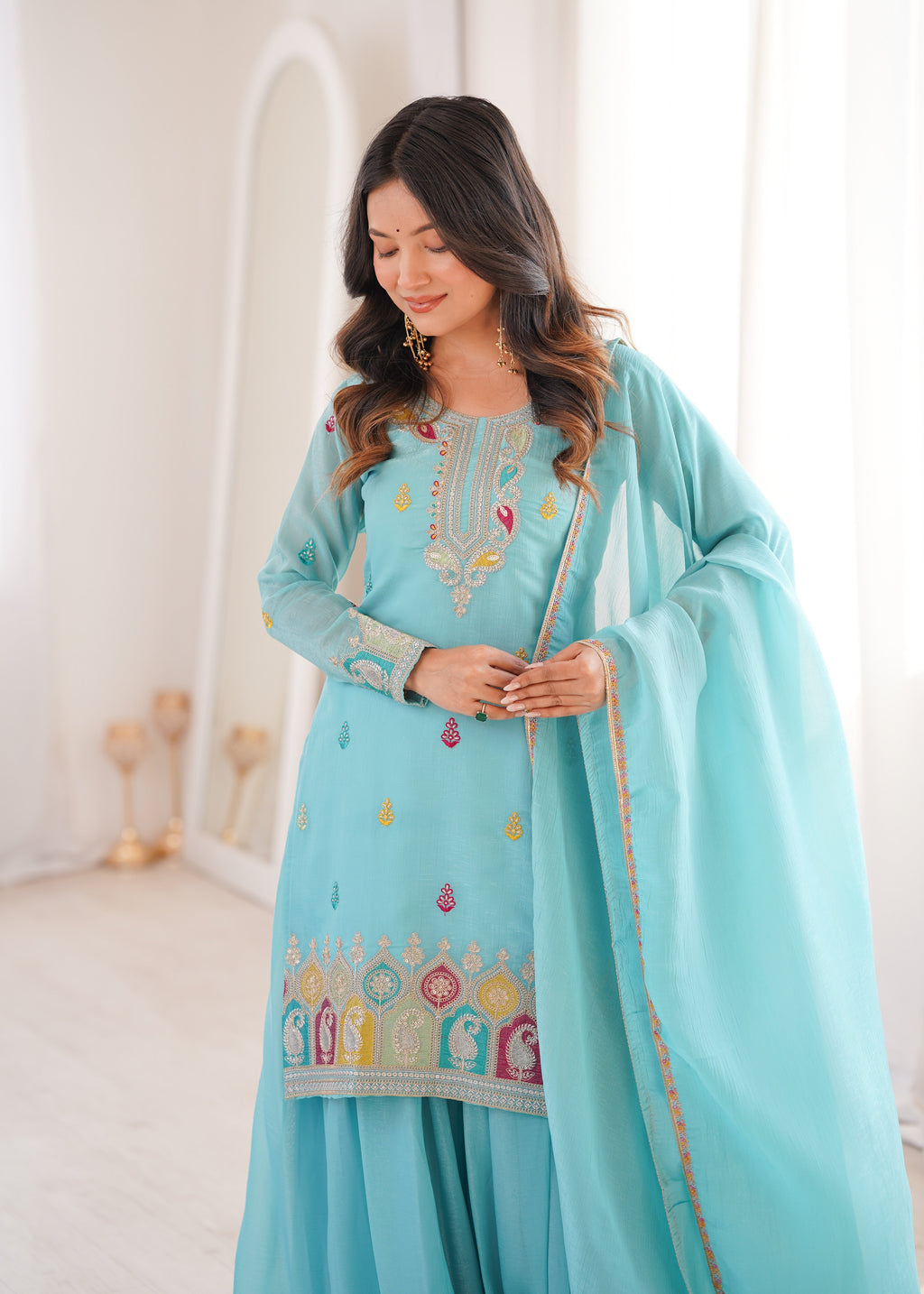 Sky Blue Sharara Set With Embroidery Work