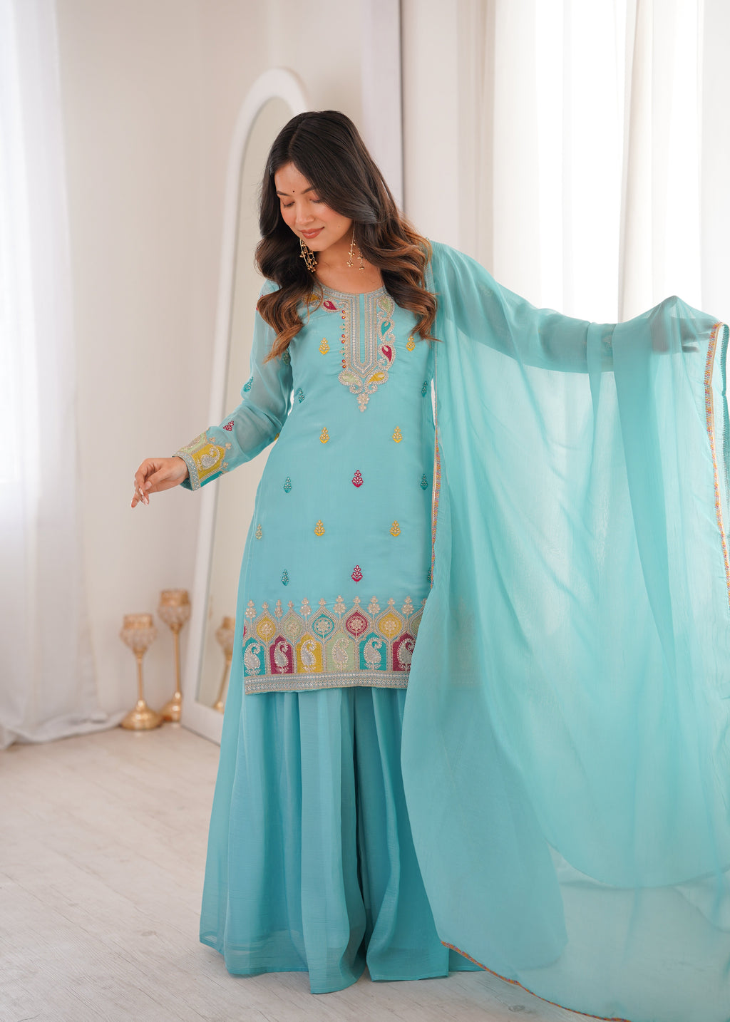 Sky Blue Sharara Set With Embroidery Work