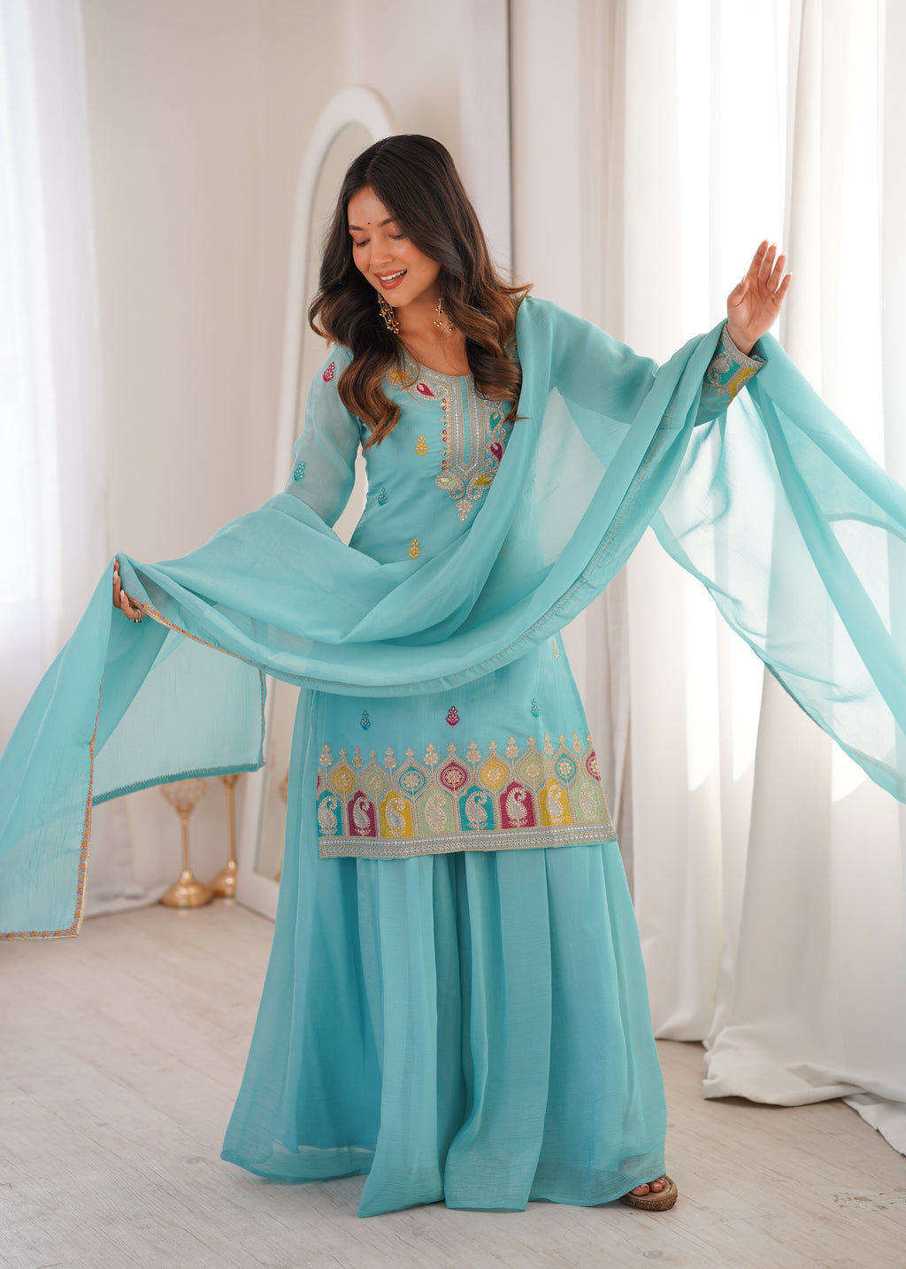 Sky Blue Sharara Set With Embroidery Work