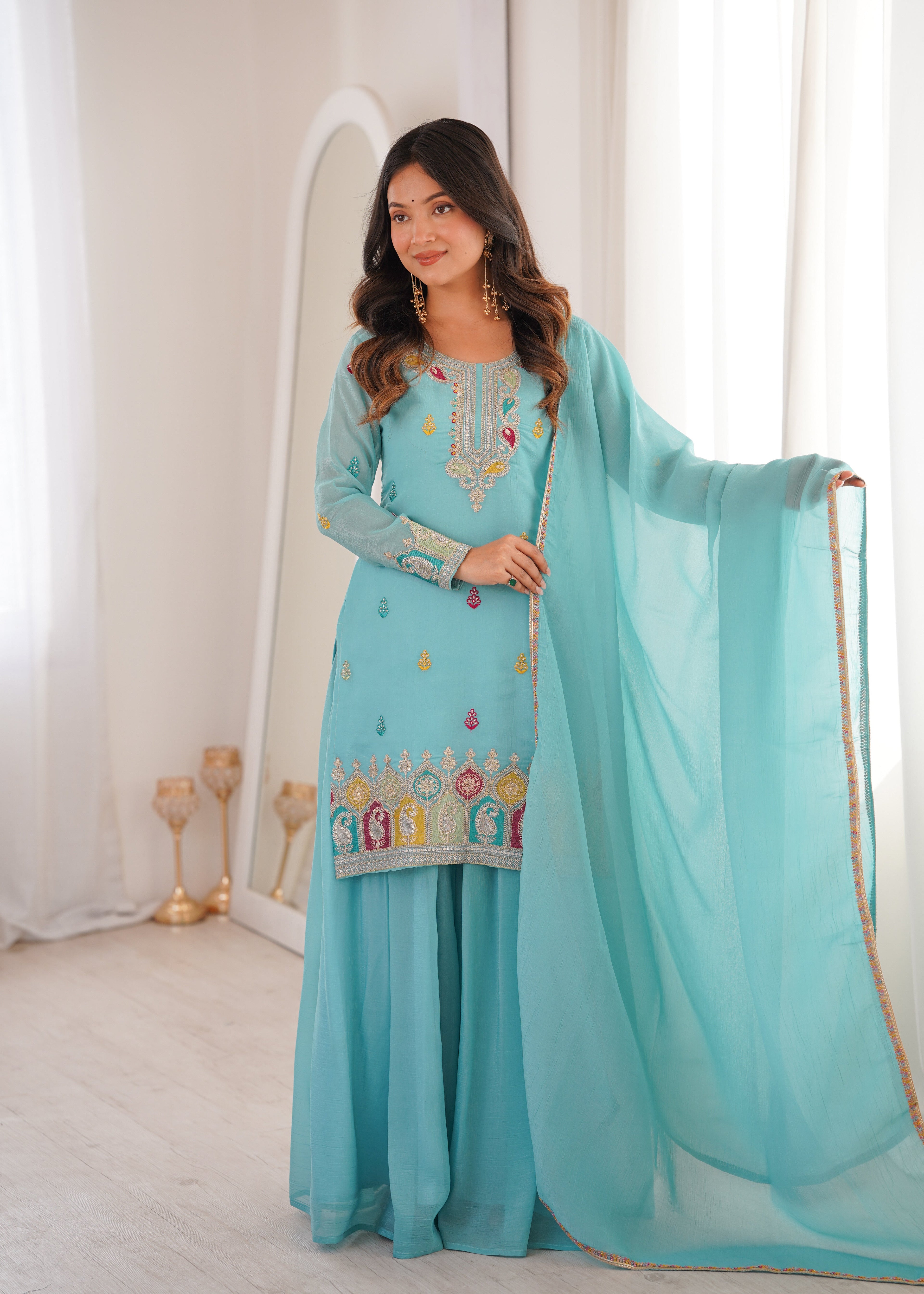 Sky Blue Sharara Set With Embroidery Work