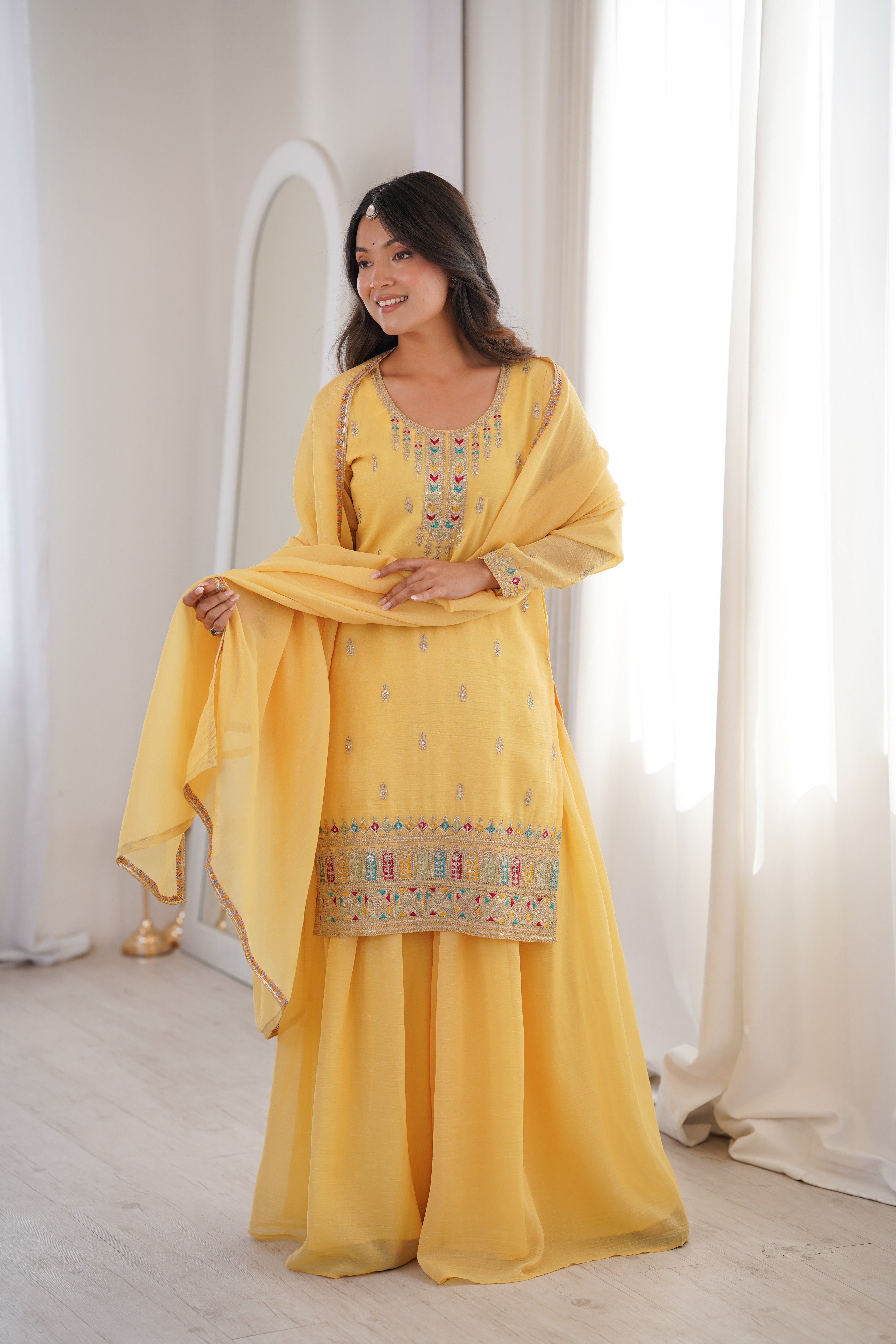 Yellow Sharara Set With Embroidery Work