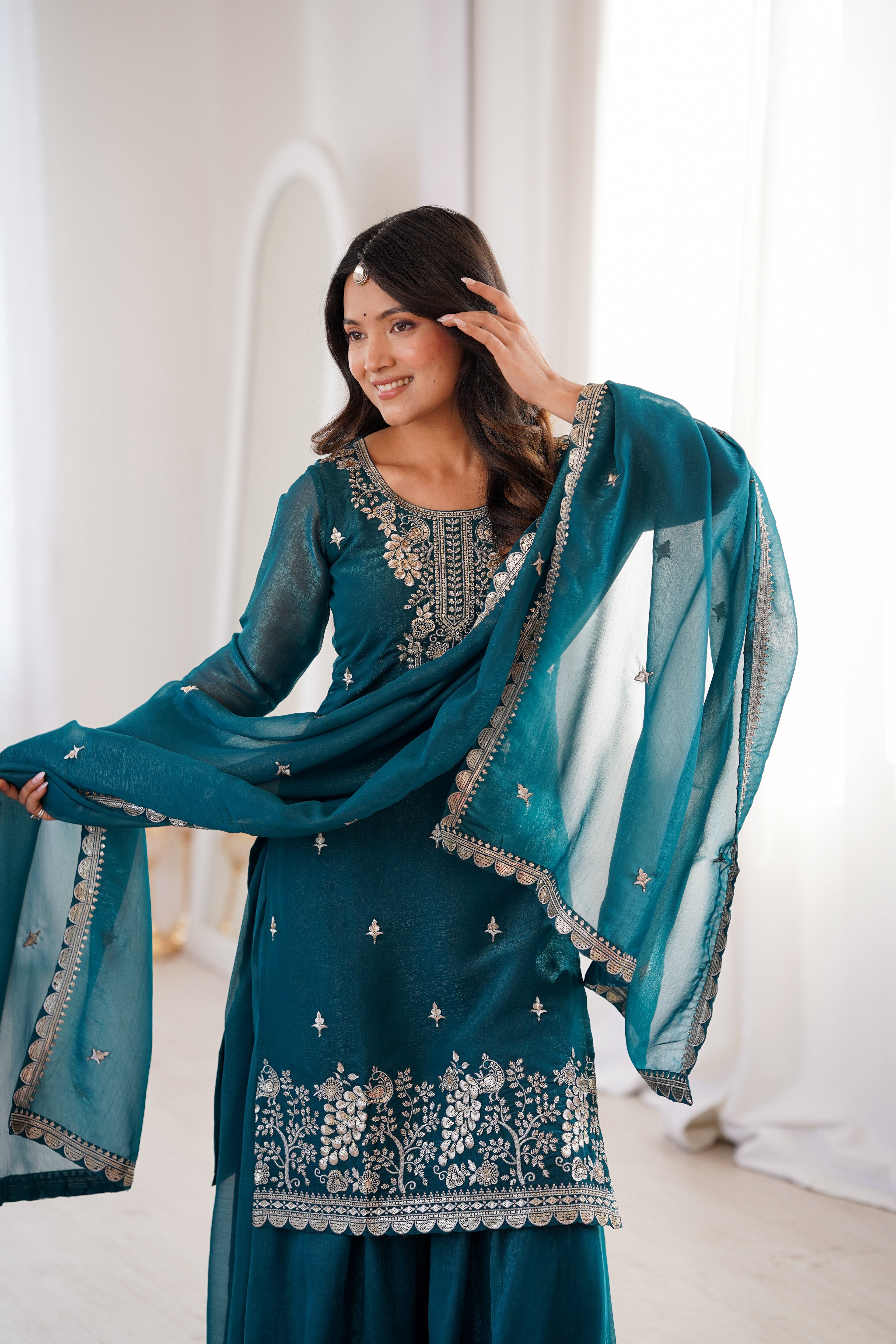 Teal Sharara Set With Embroidery Work