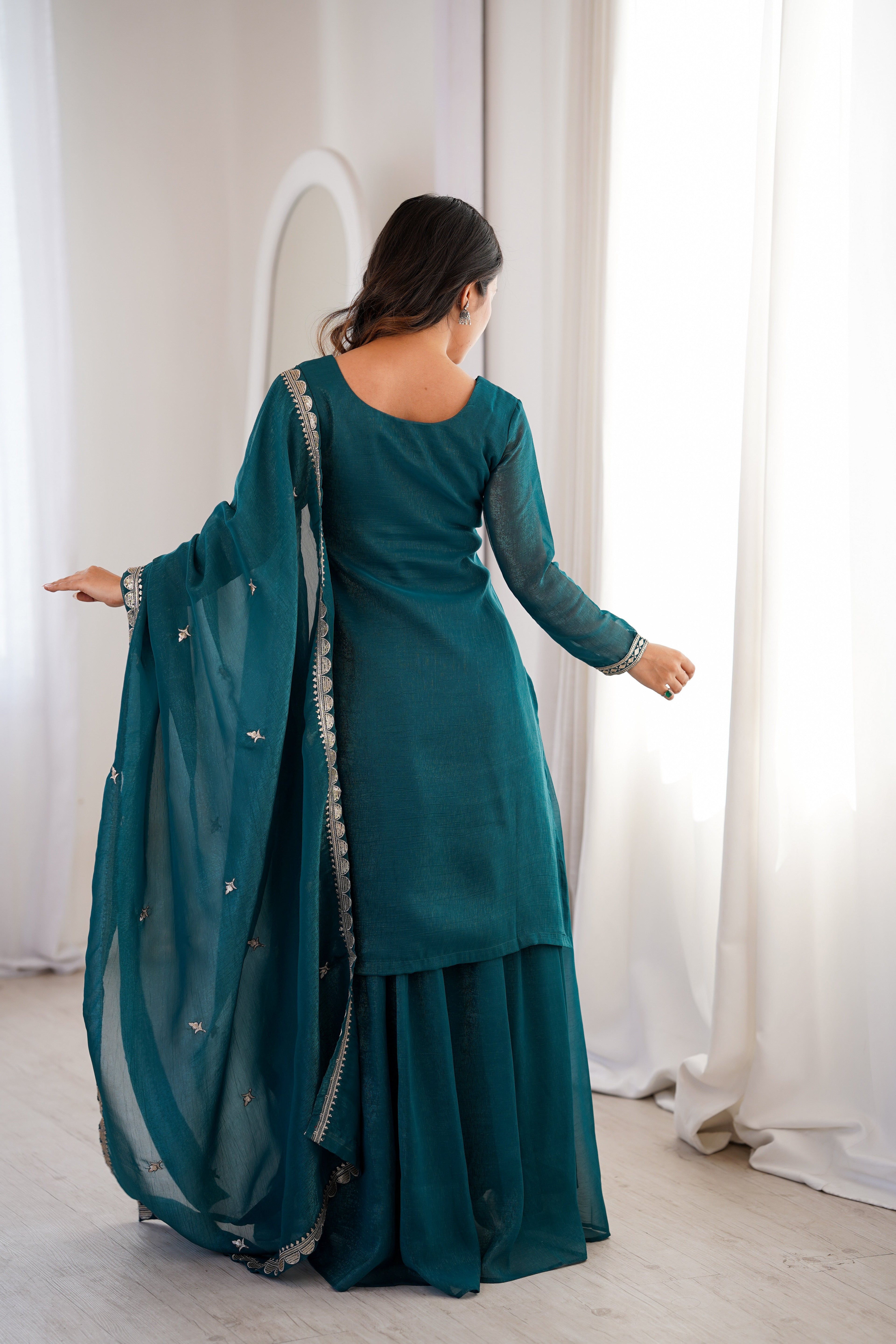 Teal Sharara Set With Embroidery Work