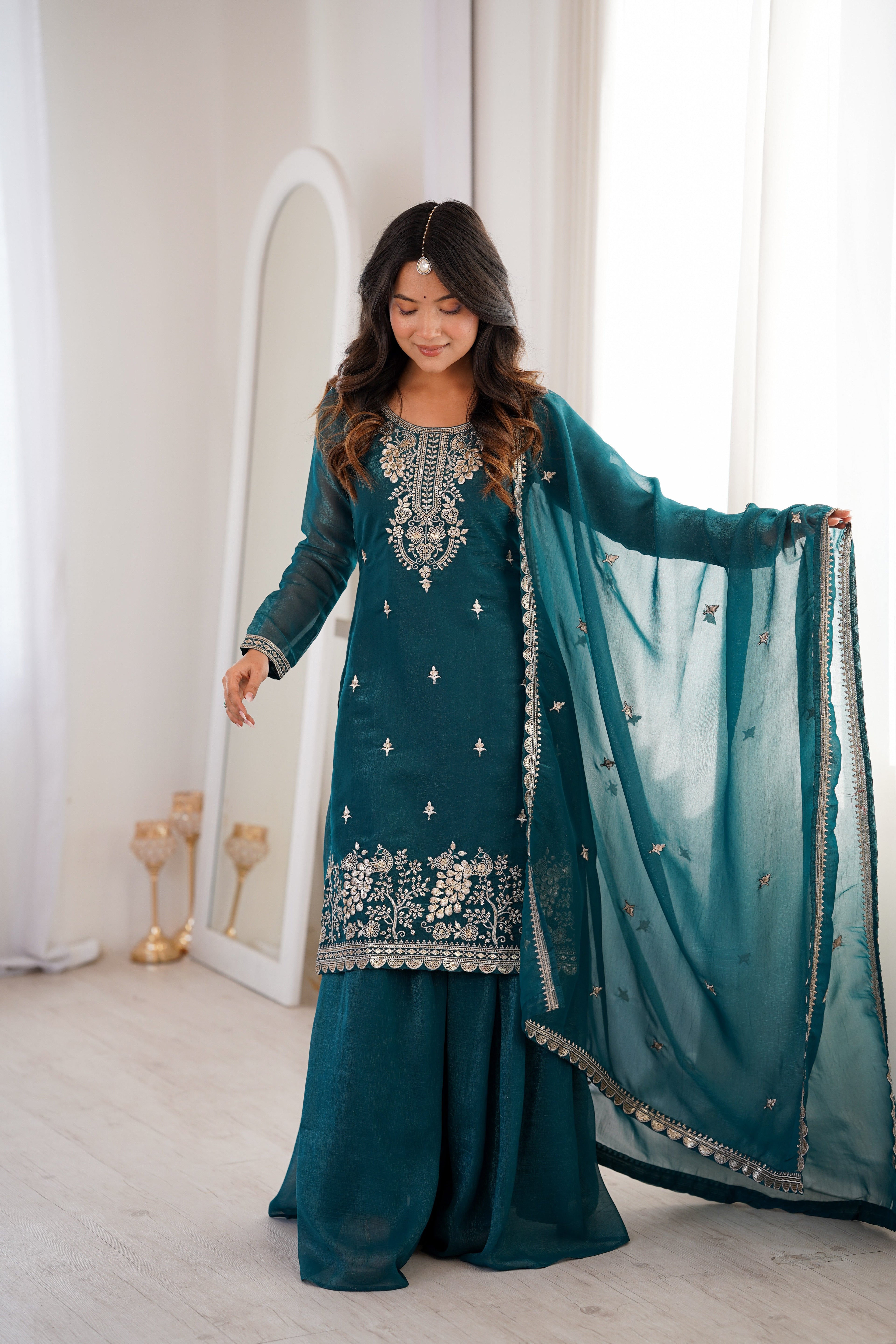 Teal Sharara Set With Embroidery Work