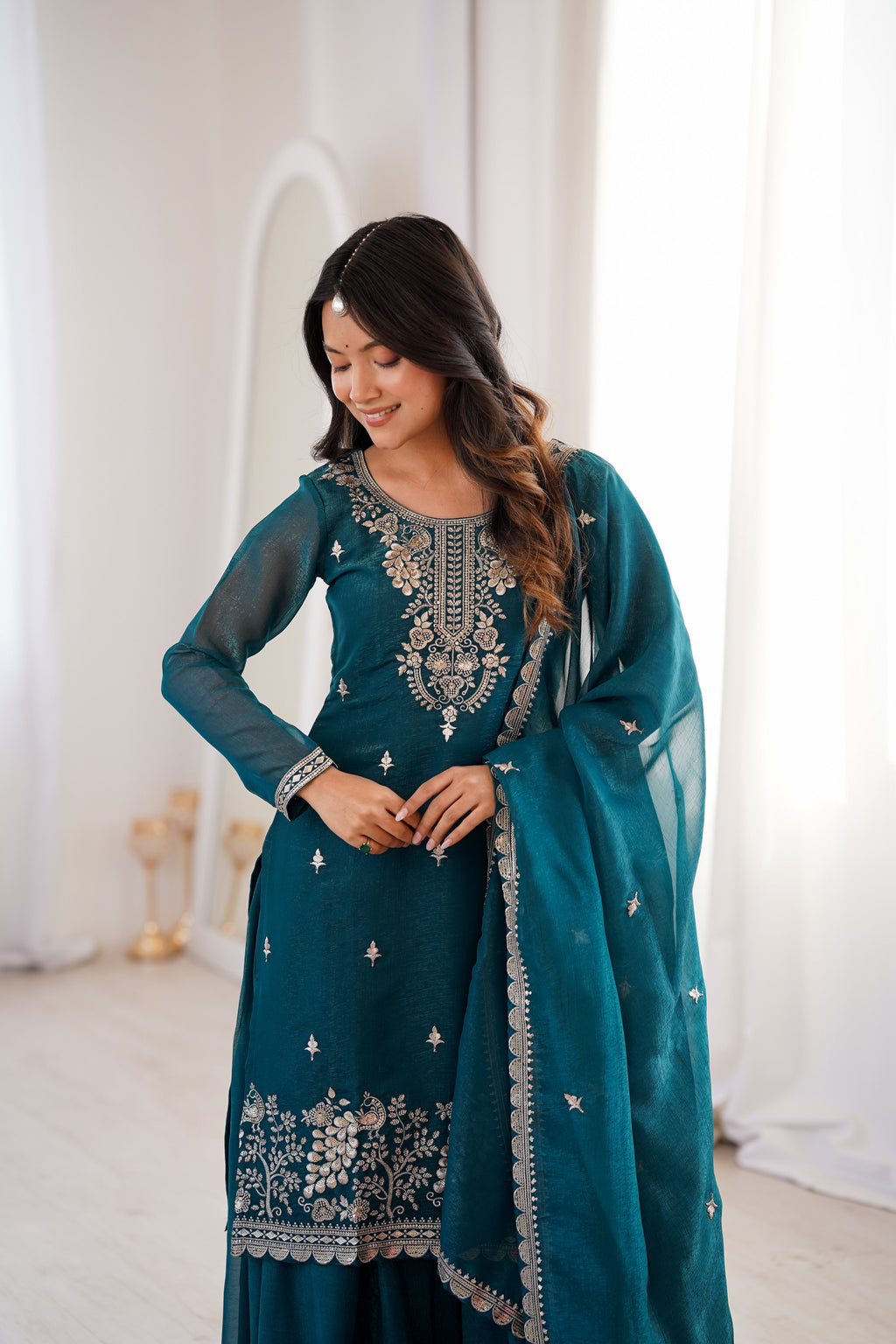 Teal Sharara Set With Embroidery Work