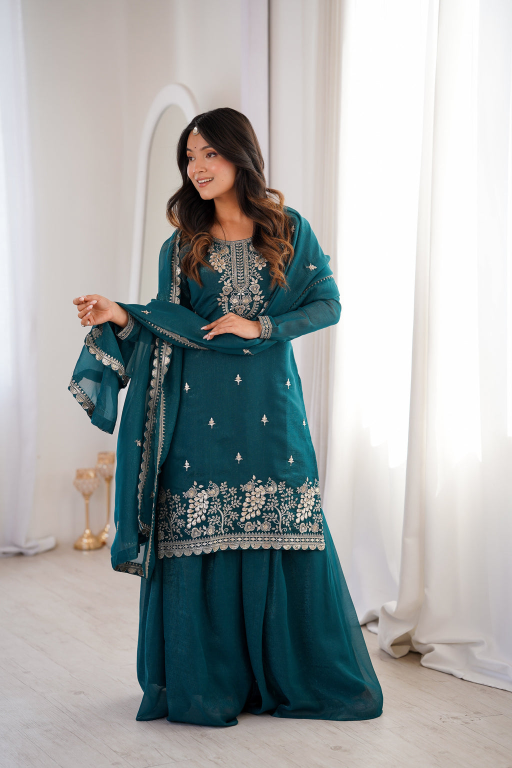 Teal Sharara Set With Embroidery Work