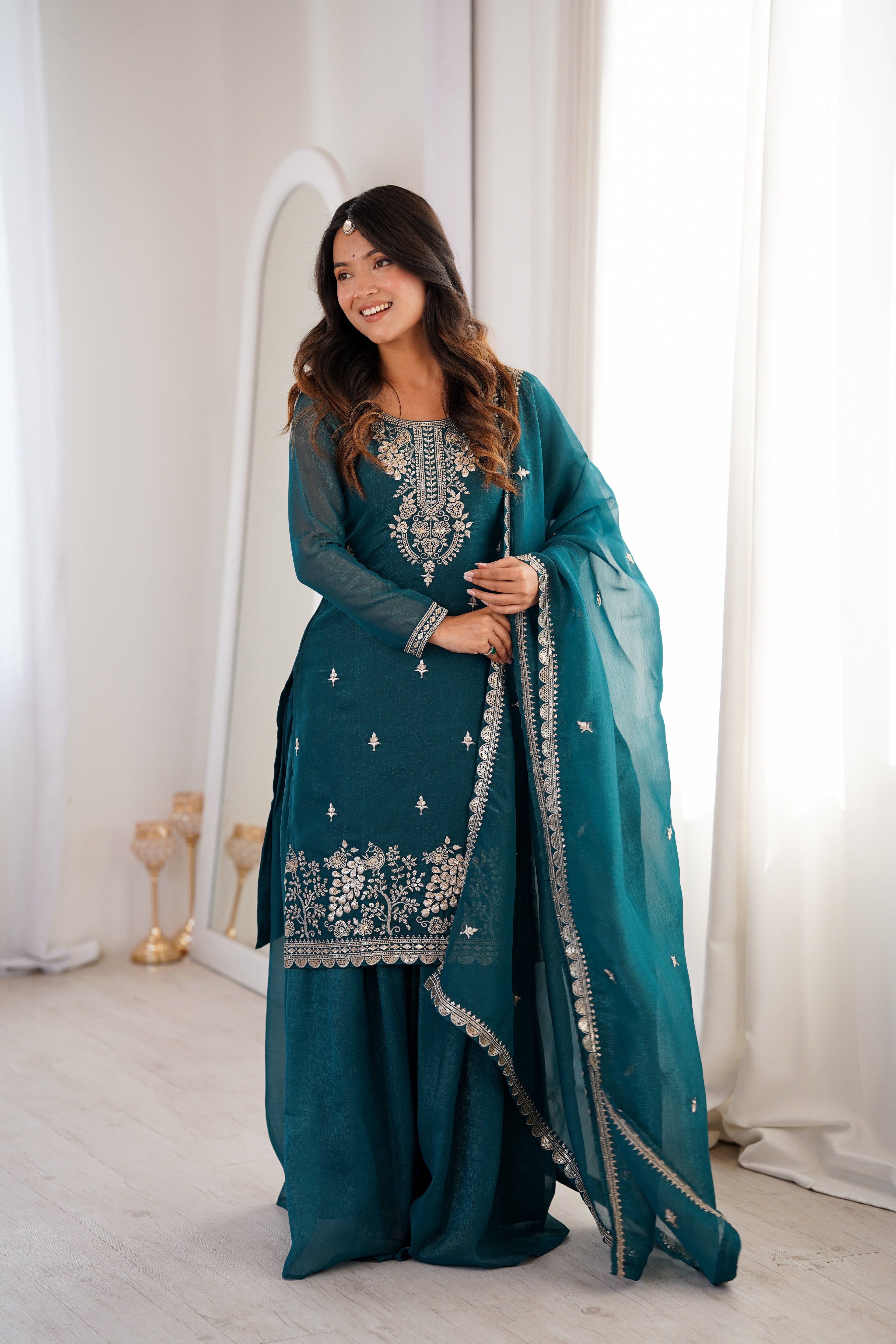 Teal Sharara Set With Embroidery Work
