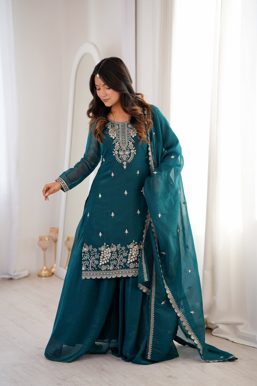Teal Sharara Set With Embroidery Work