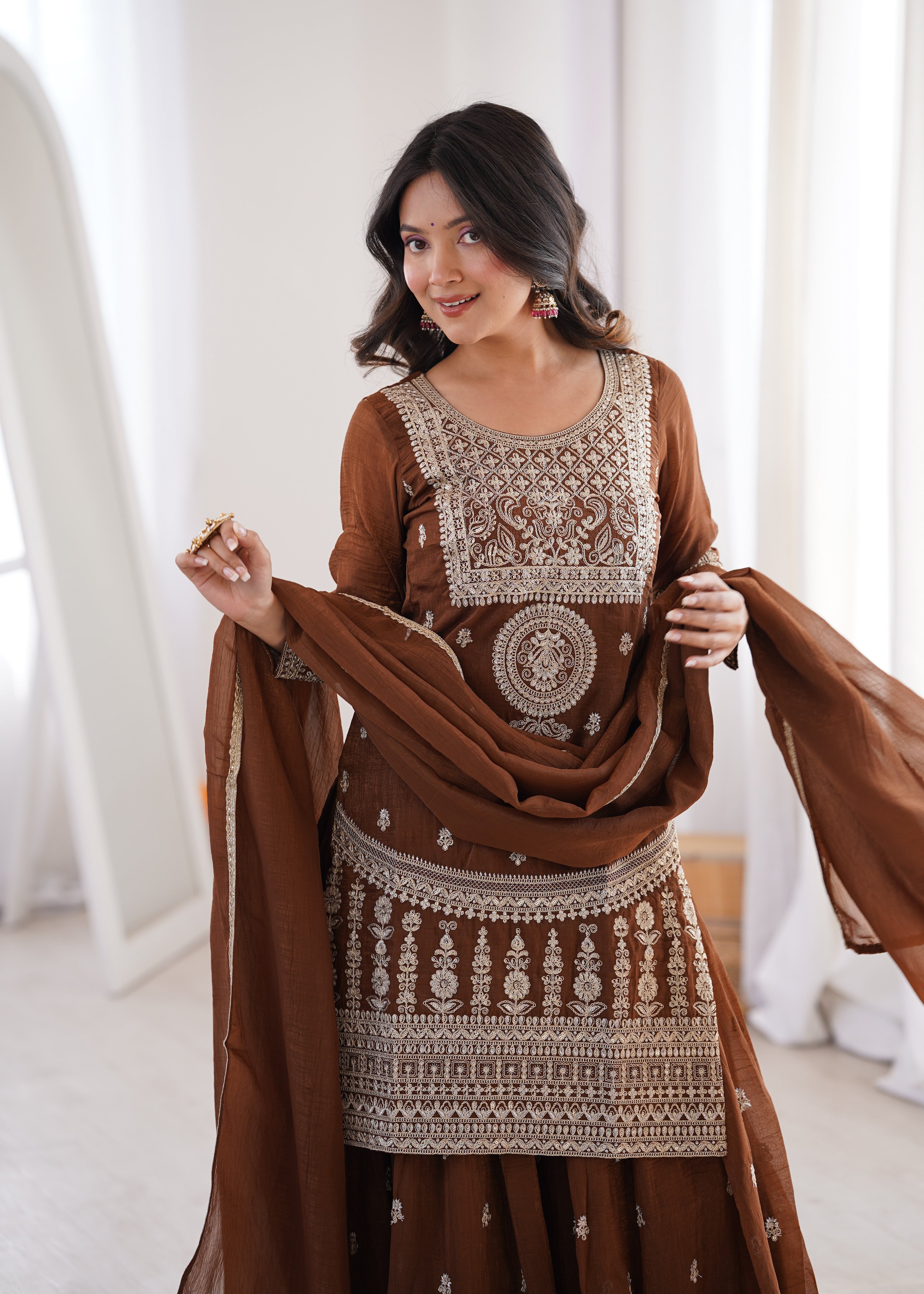 Brown Shahara Set With Zari Embroidery Work