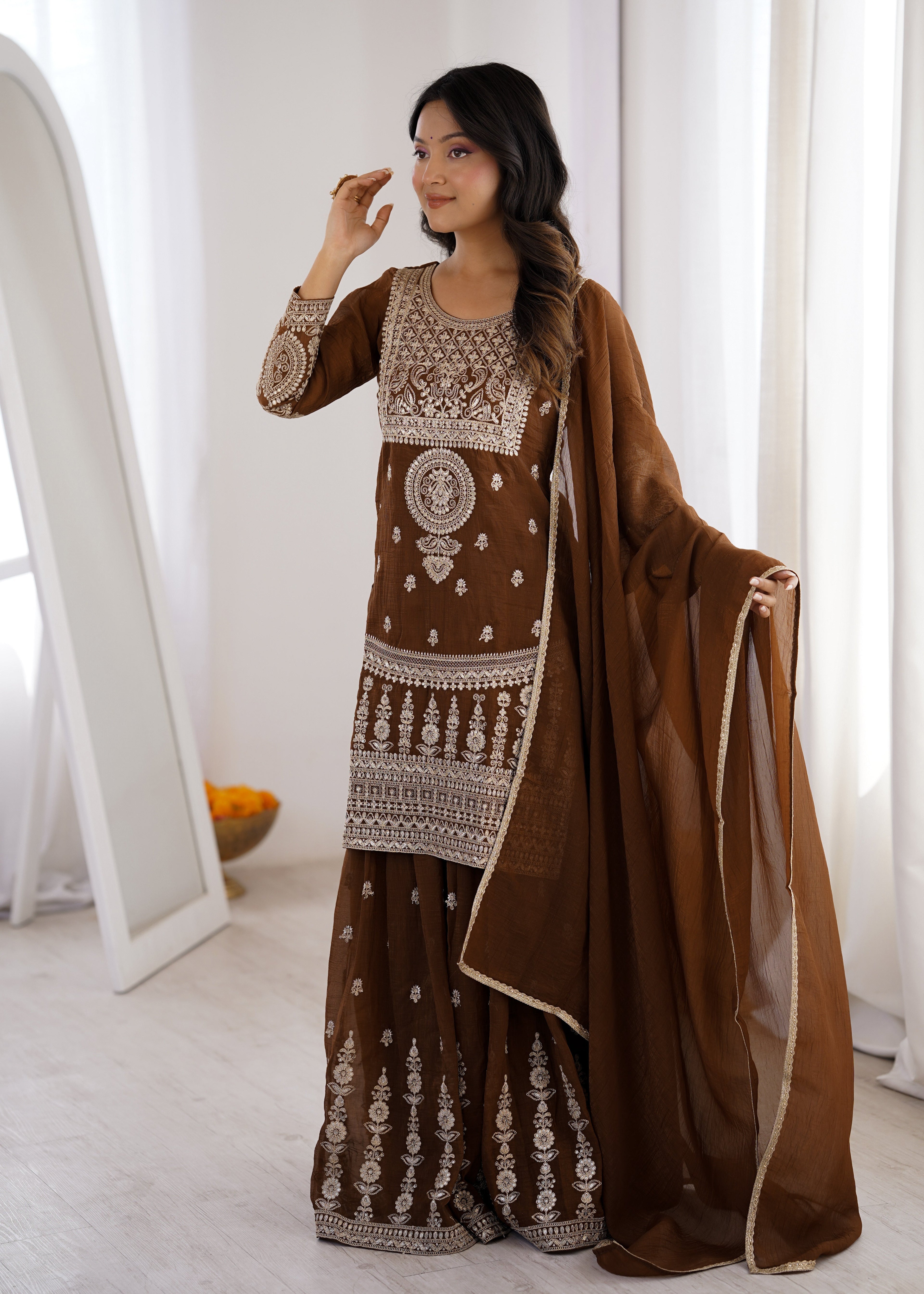 Brown Shahara Set With Zari Embroidery Work