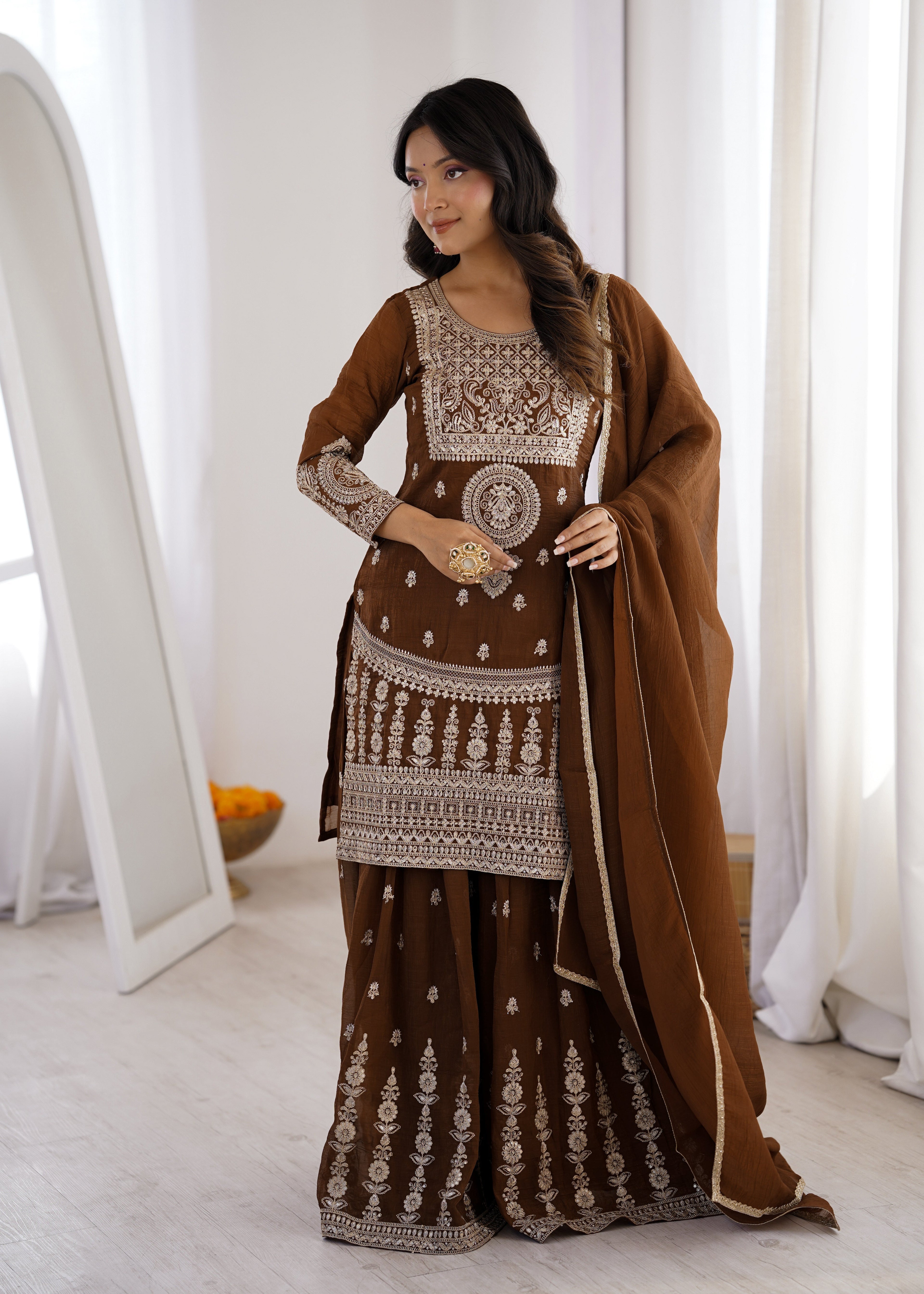 Brown Shahara Set With Zari Embroidery Work