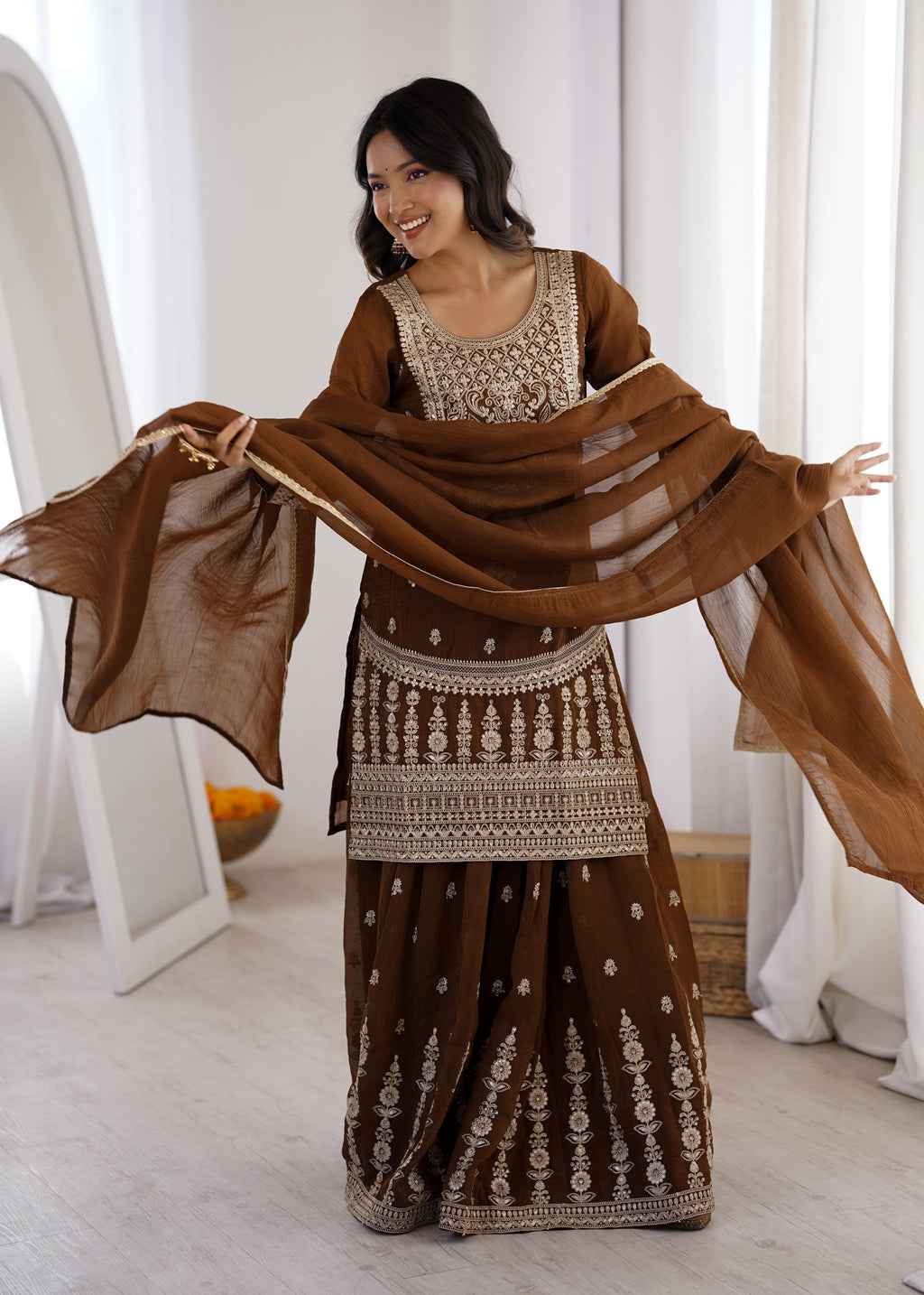 Brown Shahara Set With Zari Embroidery Work