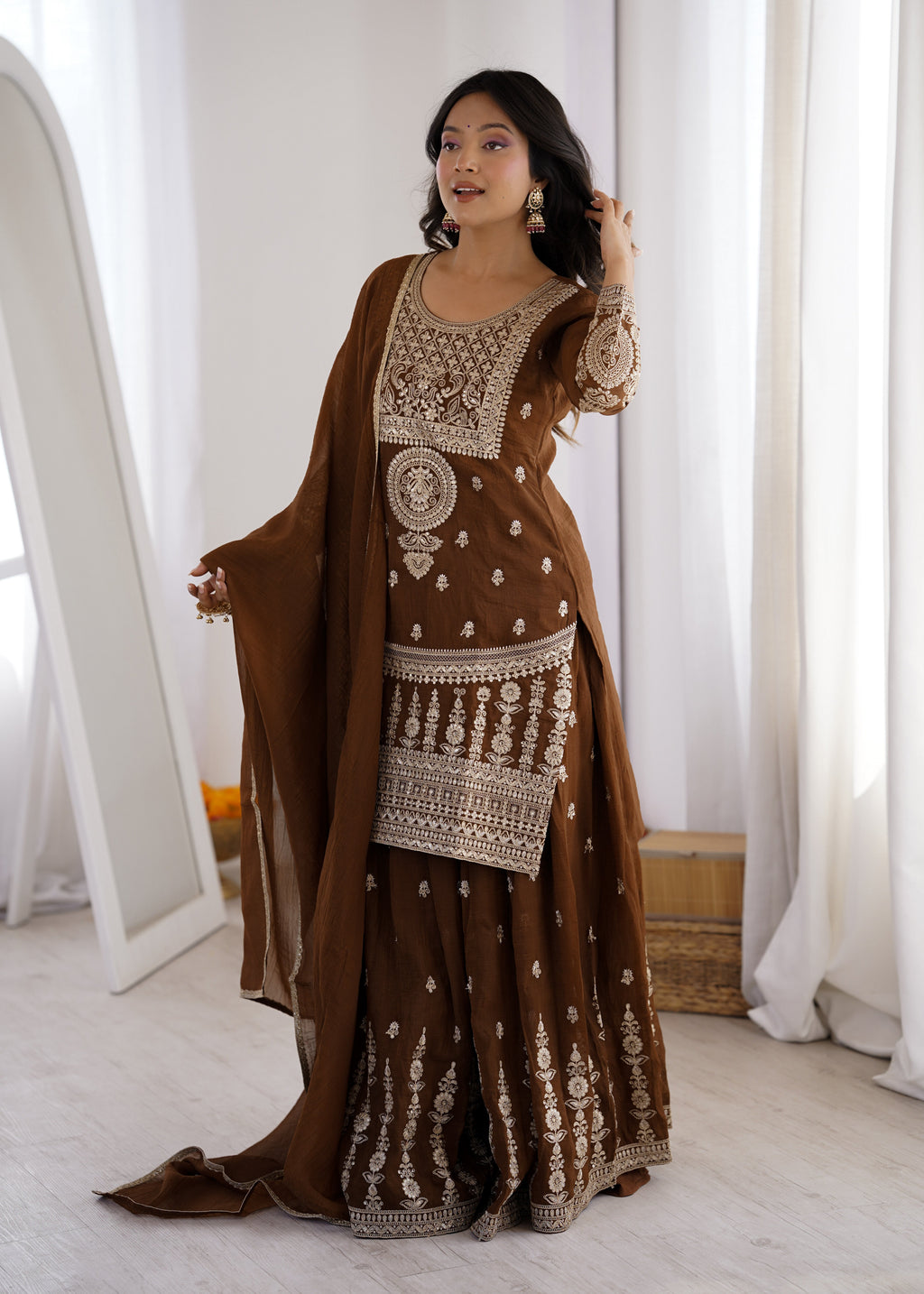 Brown Shahara Set With Zari Embroidery Work
