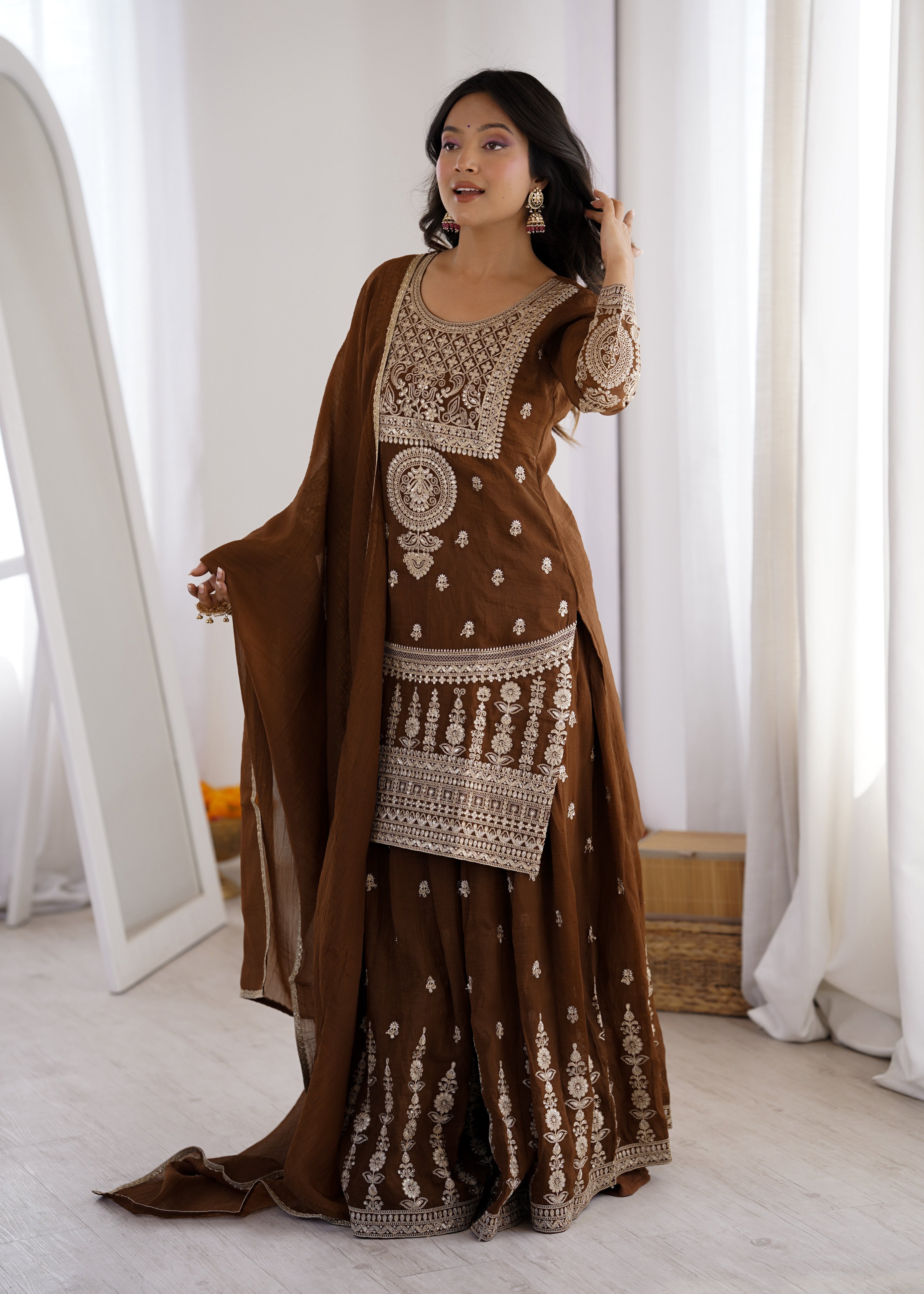 Brown Shahara Set With Zari Embroidery Work