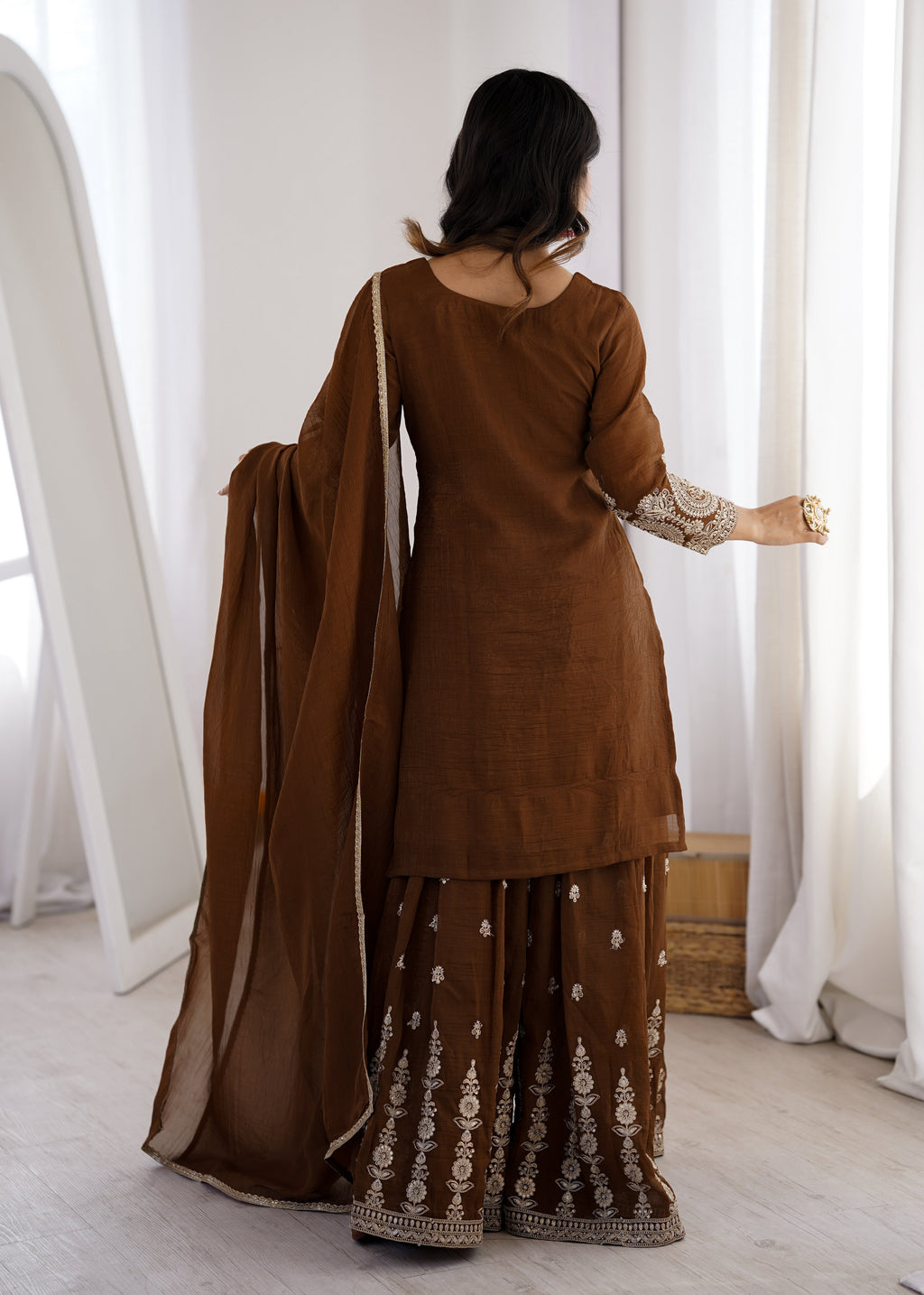 Brown Shahara Set With Zari Embroidery Work