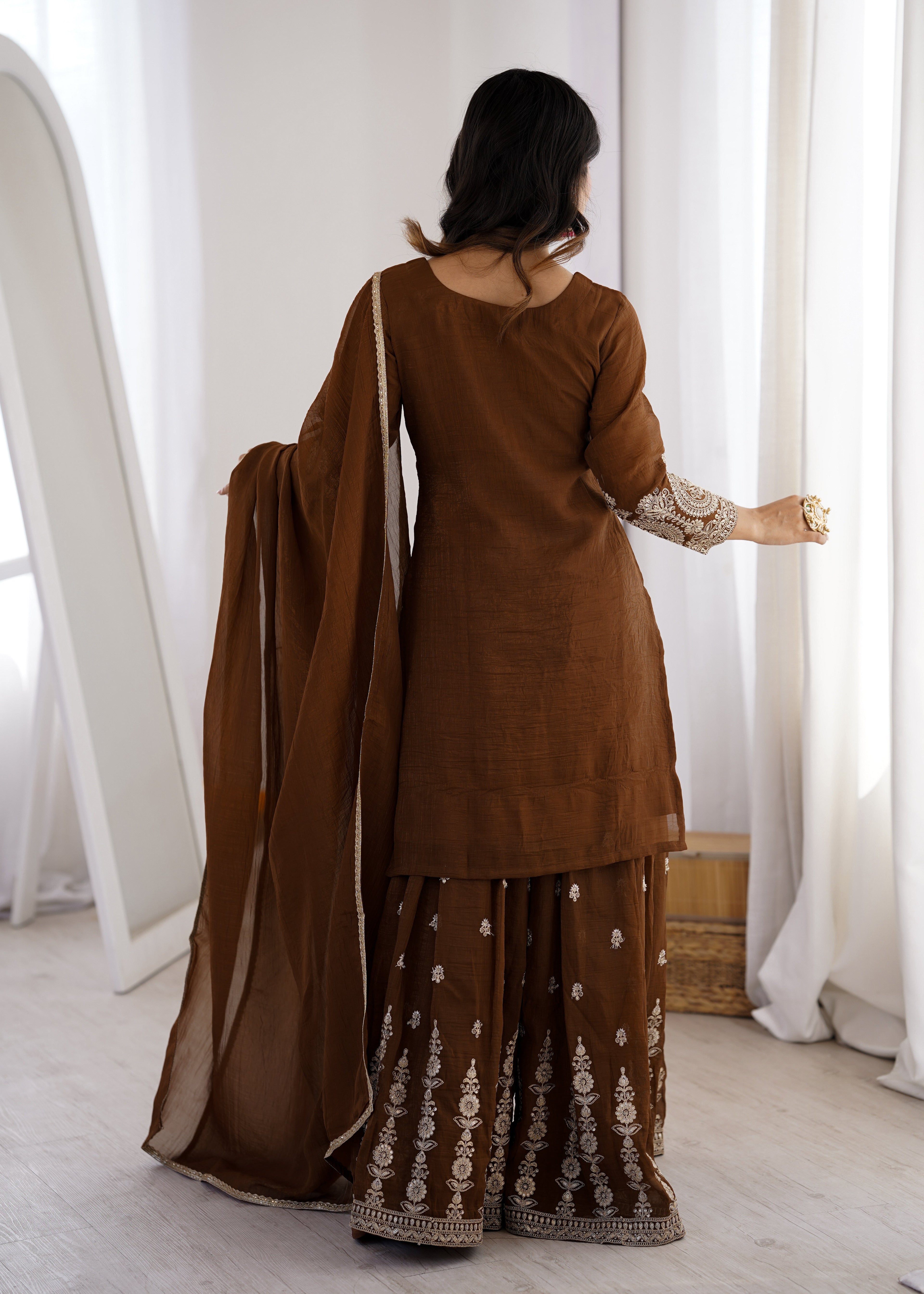Brown Shahara Set With Zari Embroidery Work