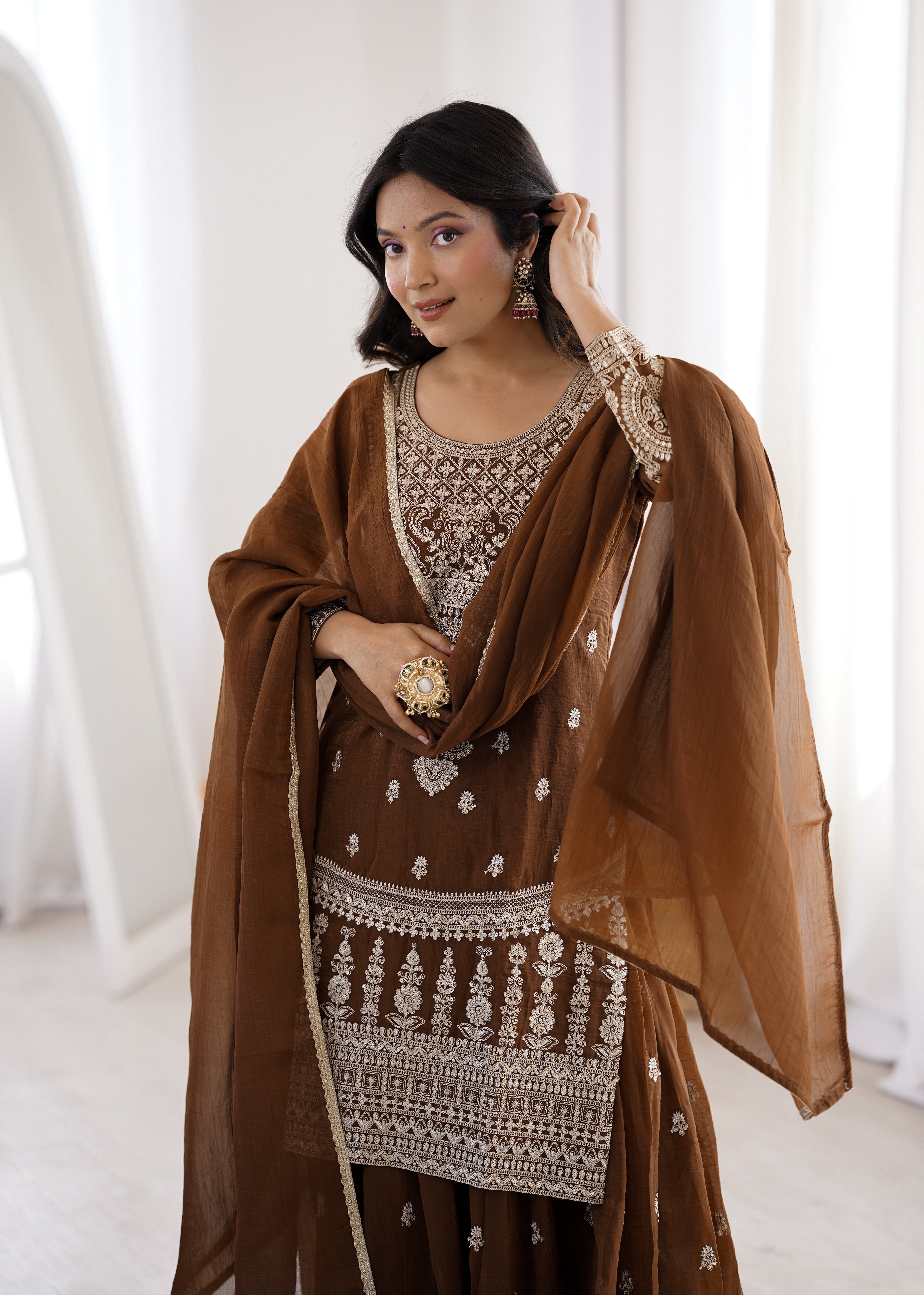 Brown Shahara Set With Zari Embroidery Work
