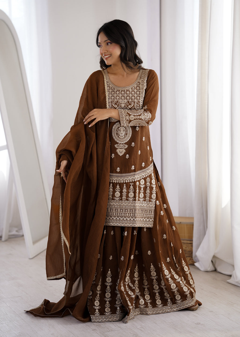 Brown Shahara Set With Zari Embroidery Work