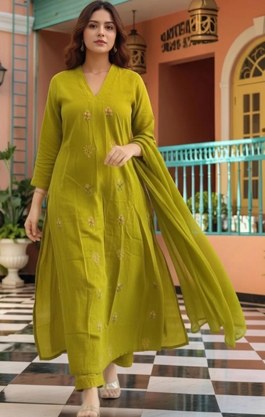 Women's Pickel Green Embroidered Anarkali Kurta Set with Dupatta