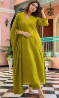 Women's Pickel Green Embroidered Anarkali Kurta Set with Dupatta