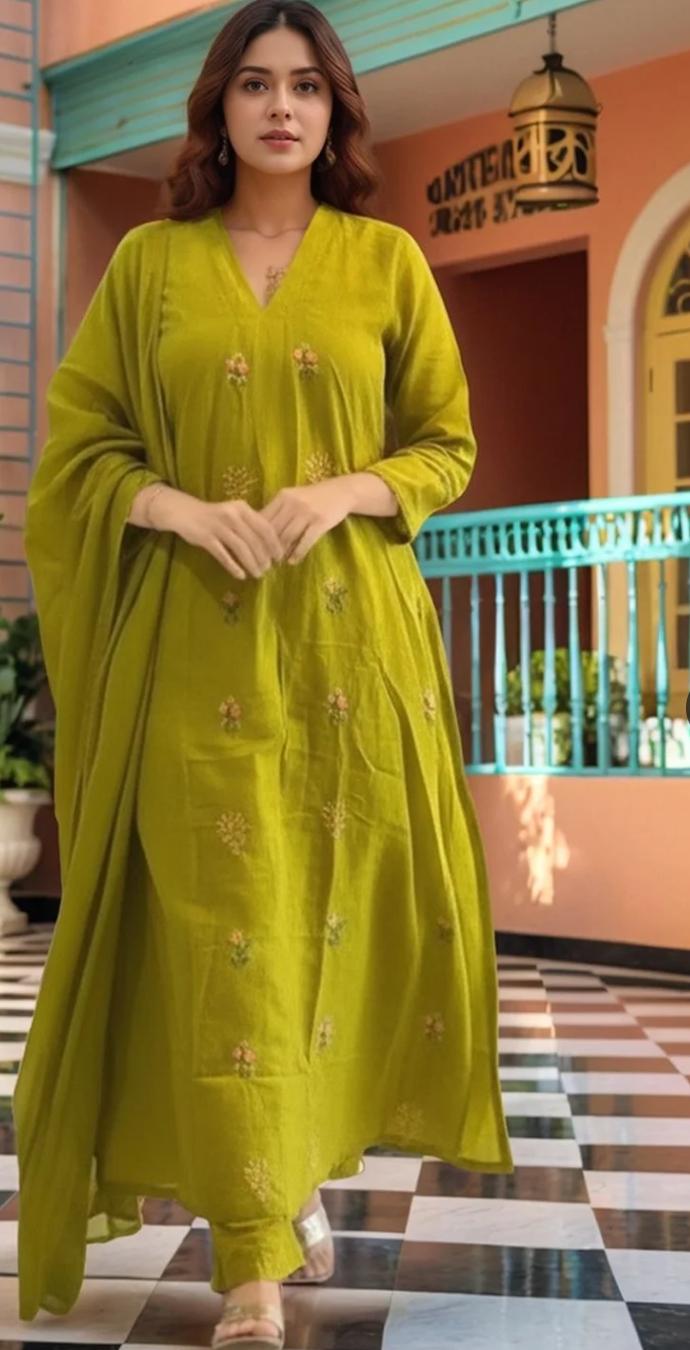 Women's Pickel Green Embroidered Anarkali Kurta Set with Dupatta