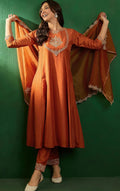 Women's Rust Orange Embroidered A-Line Kurta Set with Organza Dupatta