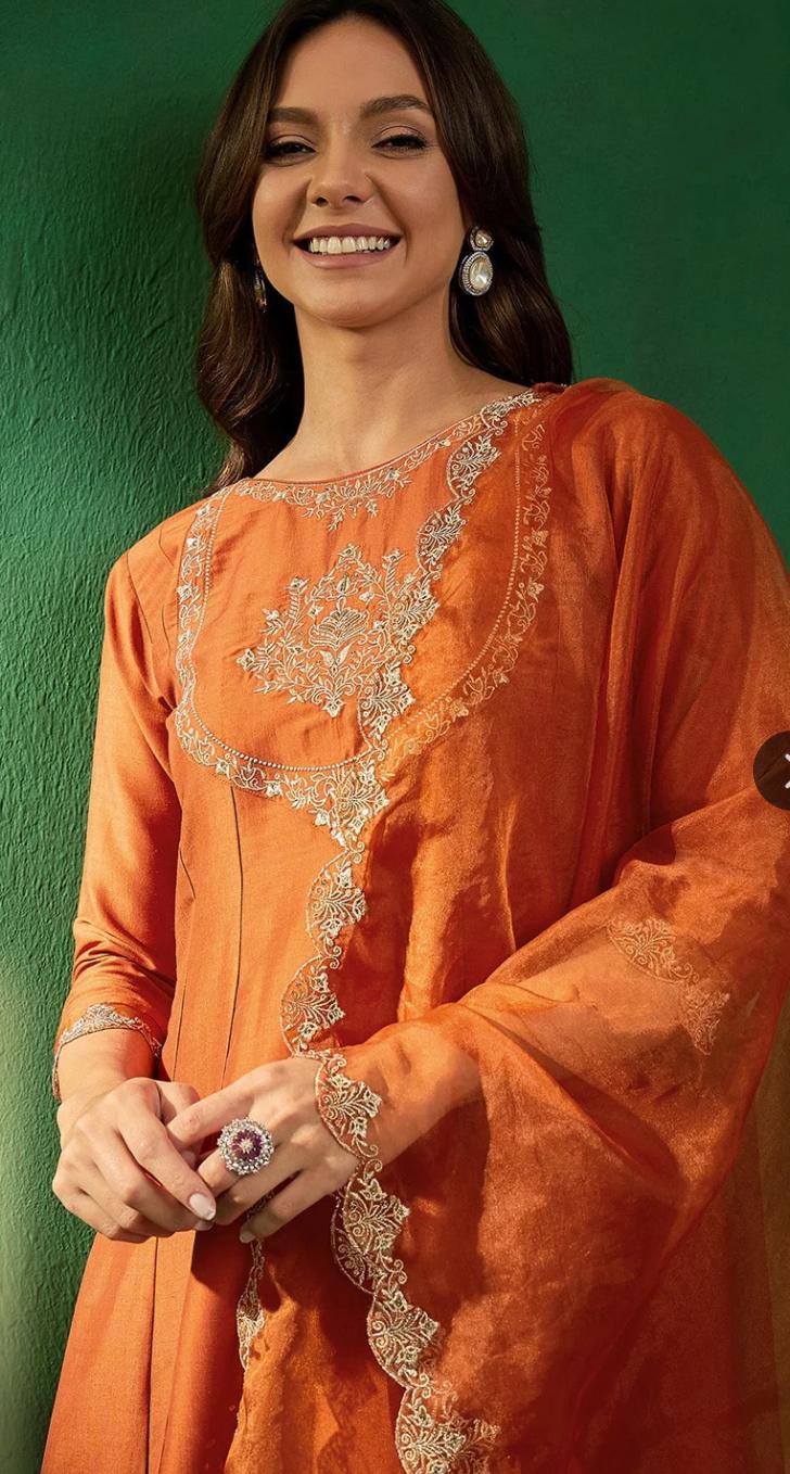 Women's Rust Orange Embroidered A-Line Kurta Set with Organza Dupatta