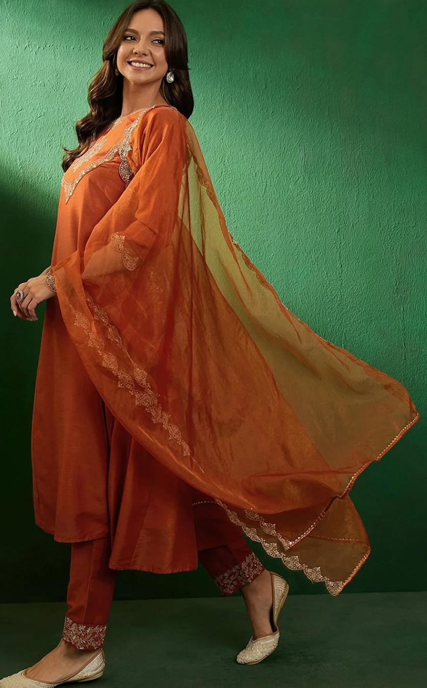 Women's Rust Orange Embroidered A-Line Kurta Set with Organza Dupatta