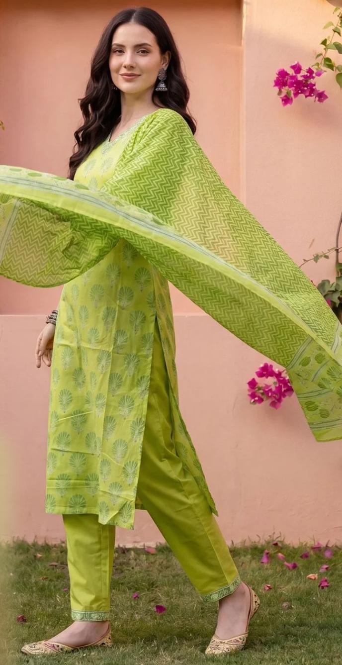 Women's Lime Green Printed Straight Kurta Set with Dupatta