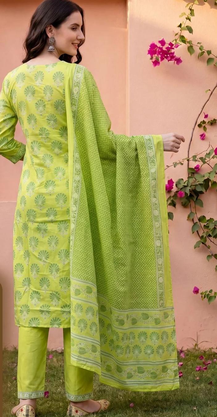 Women's Lime Green Printed Straight Kurta Set with Dupatta